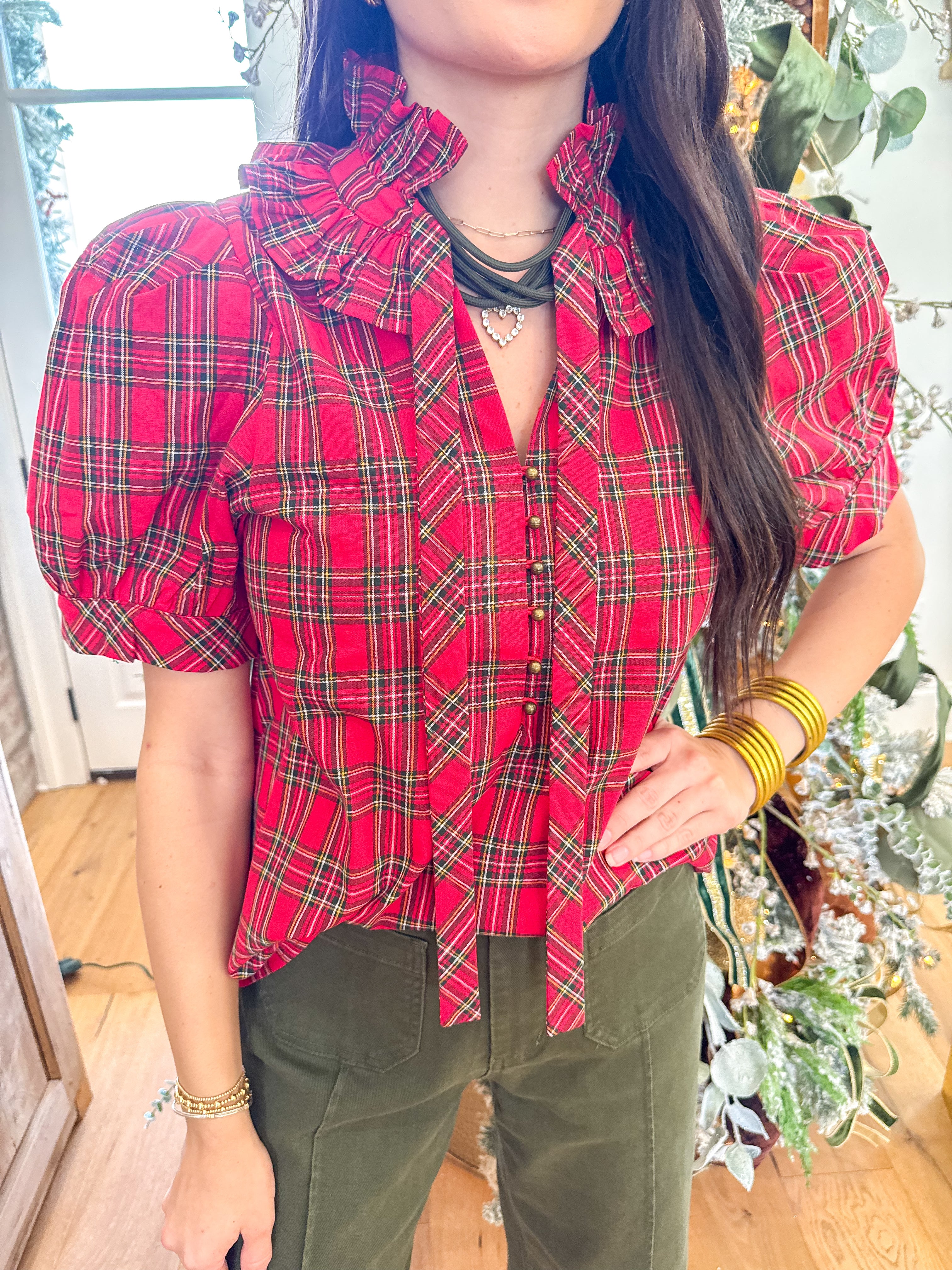 Scarlett Plaid Puff Sleeve Top Red