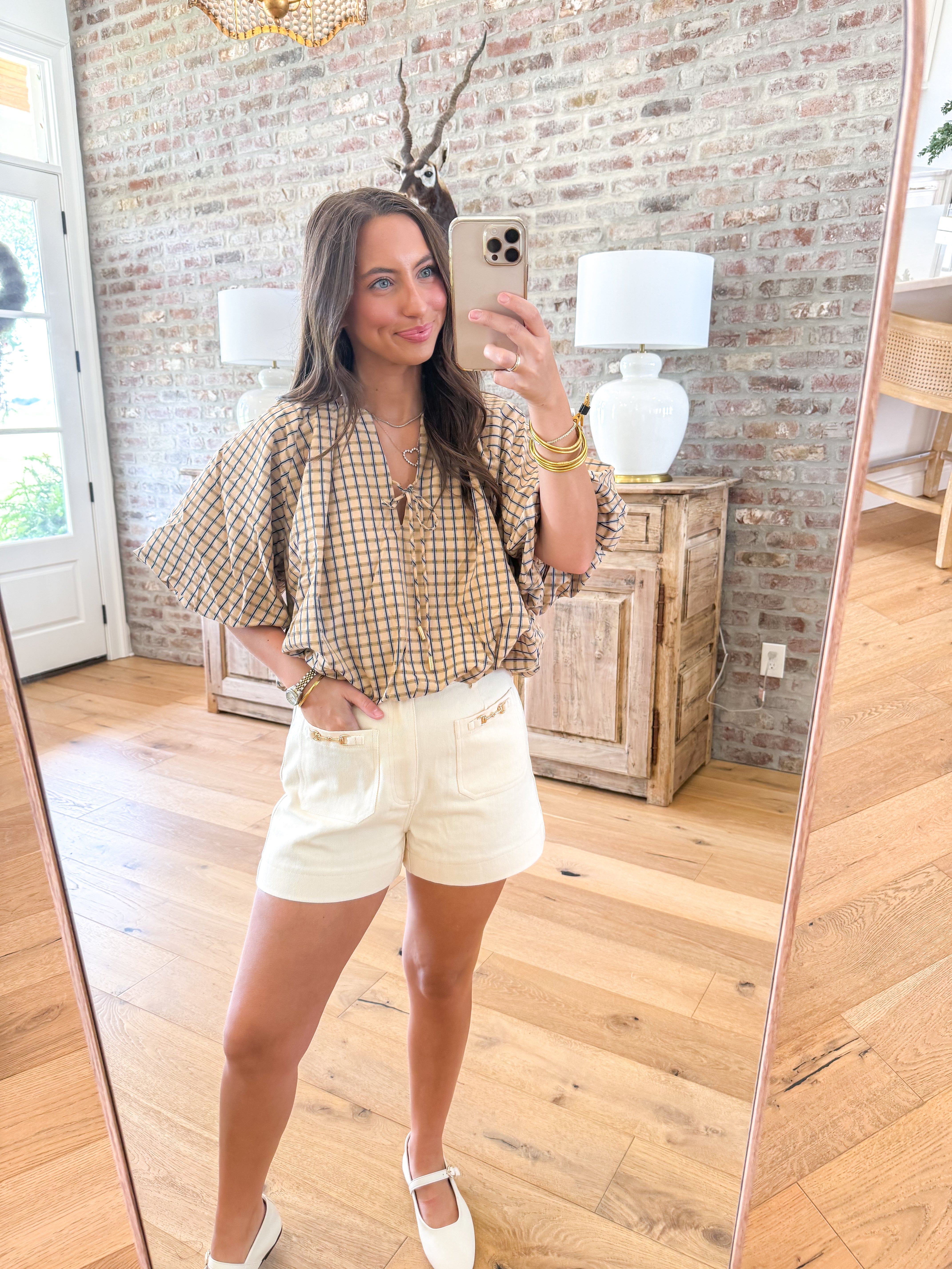 Camel Plaid Puff Sleeve Top