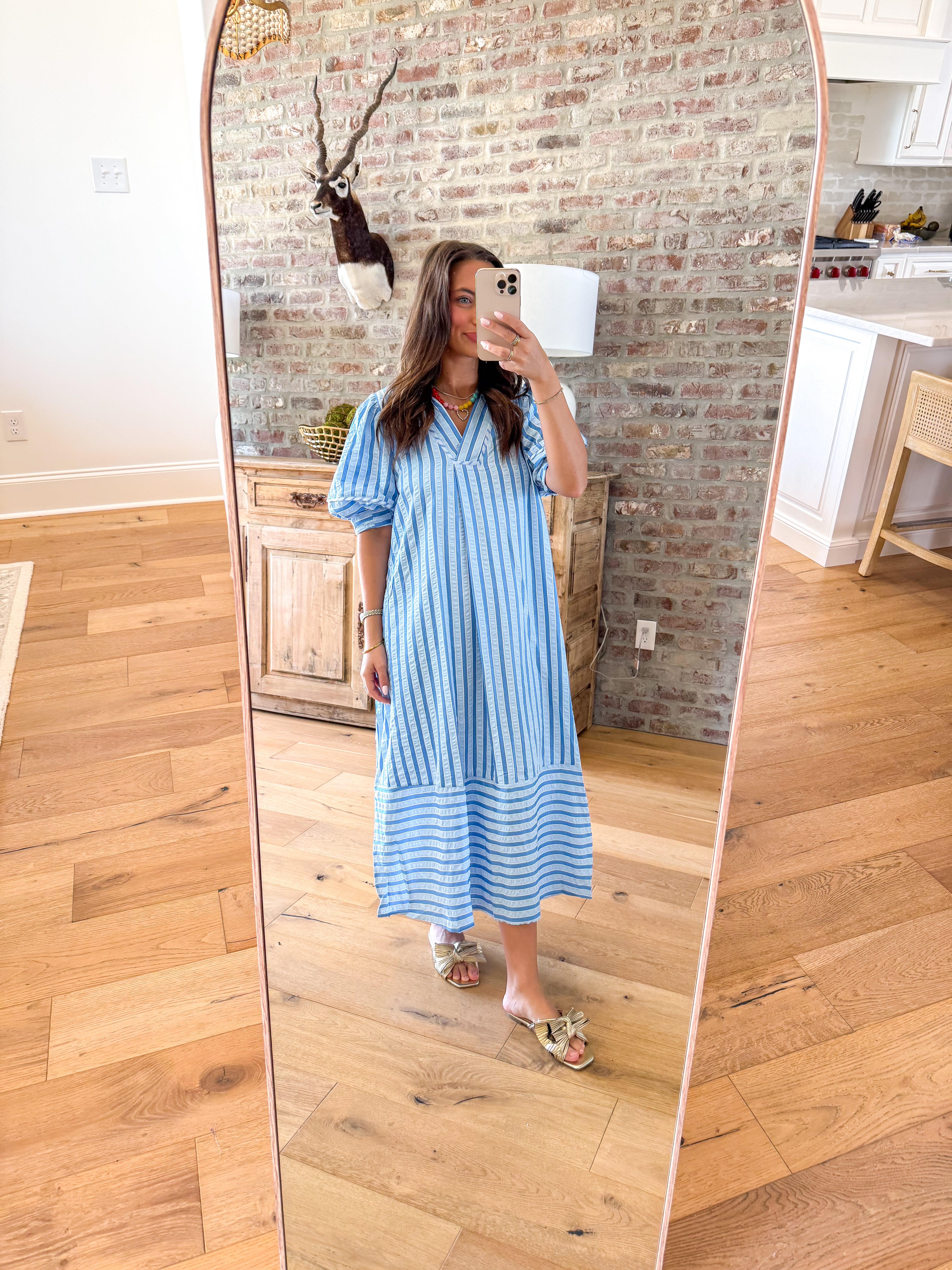 Coastal Stripe Puff Sleeve Midi Blue