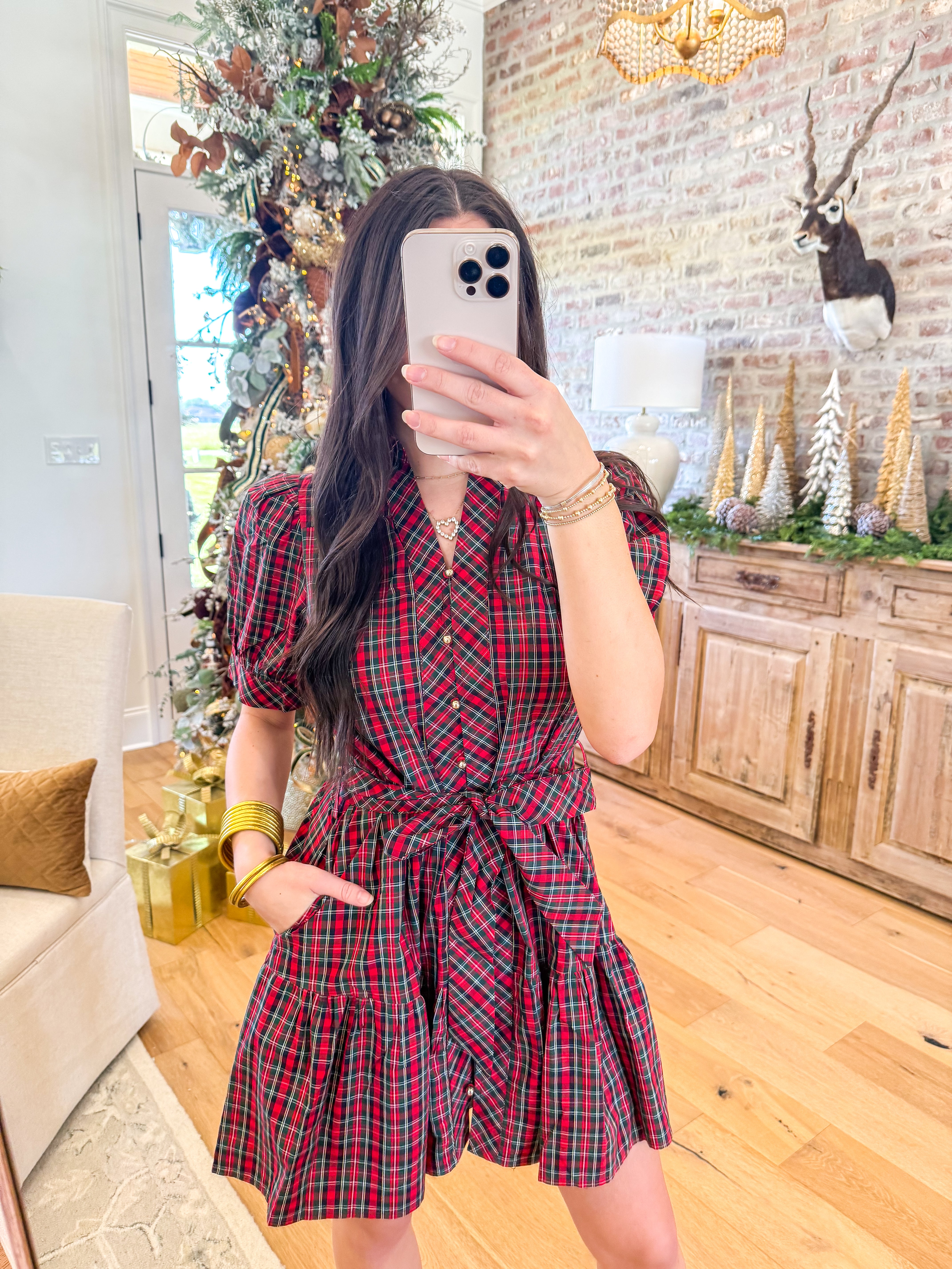 Tartan Charm Puff Sleeve Mini Dress Red