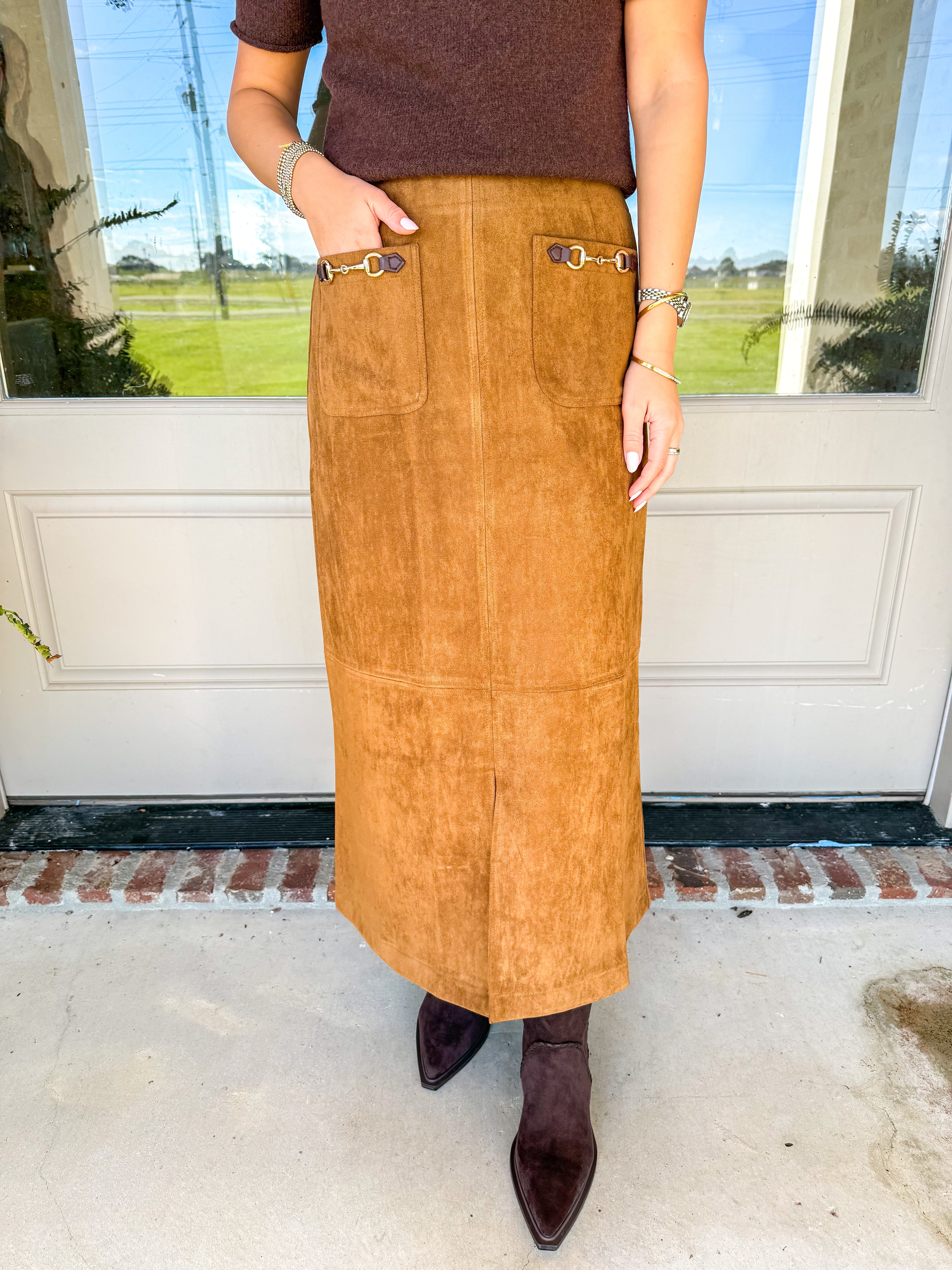 Camel Suede Midi Skirt with Front Slit