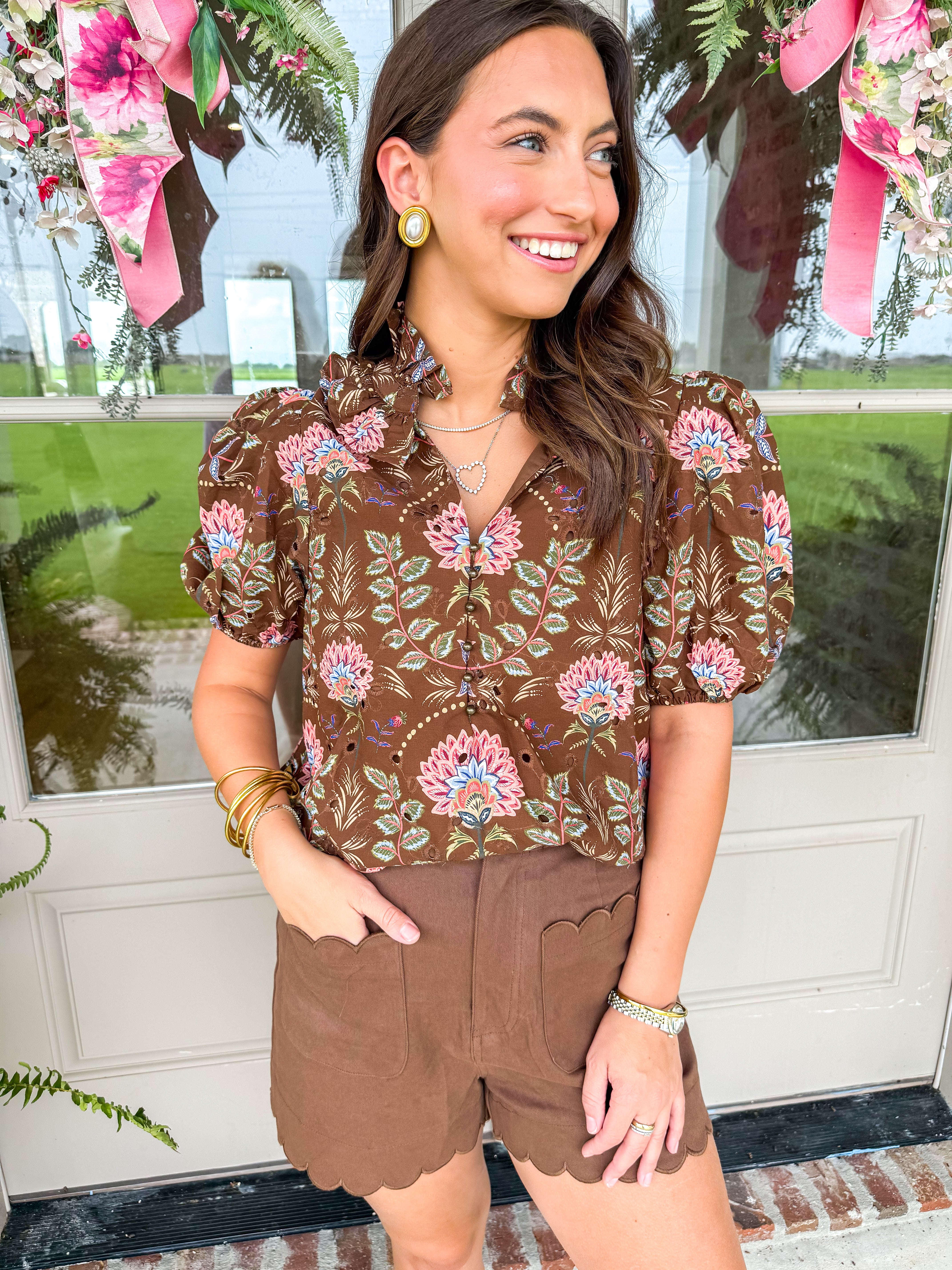 Chocolate Floral Eyelet Puff Sleeve Top