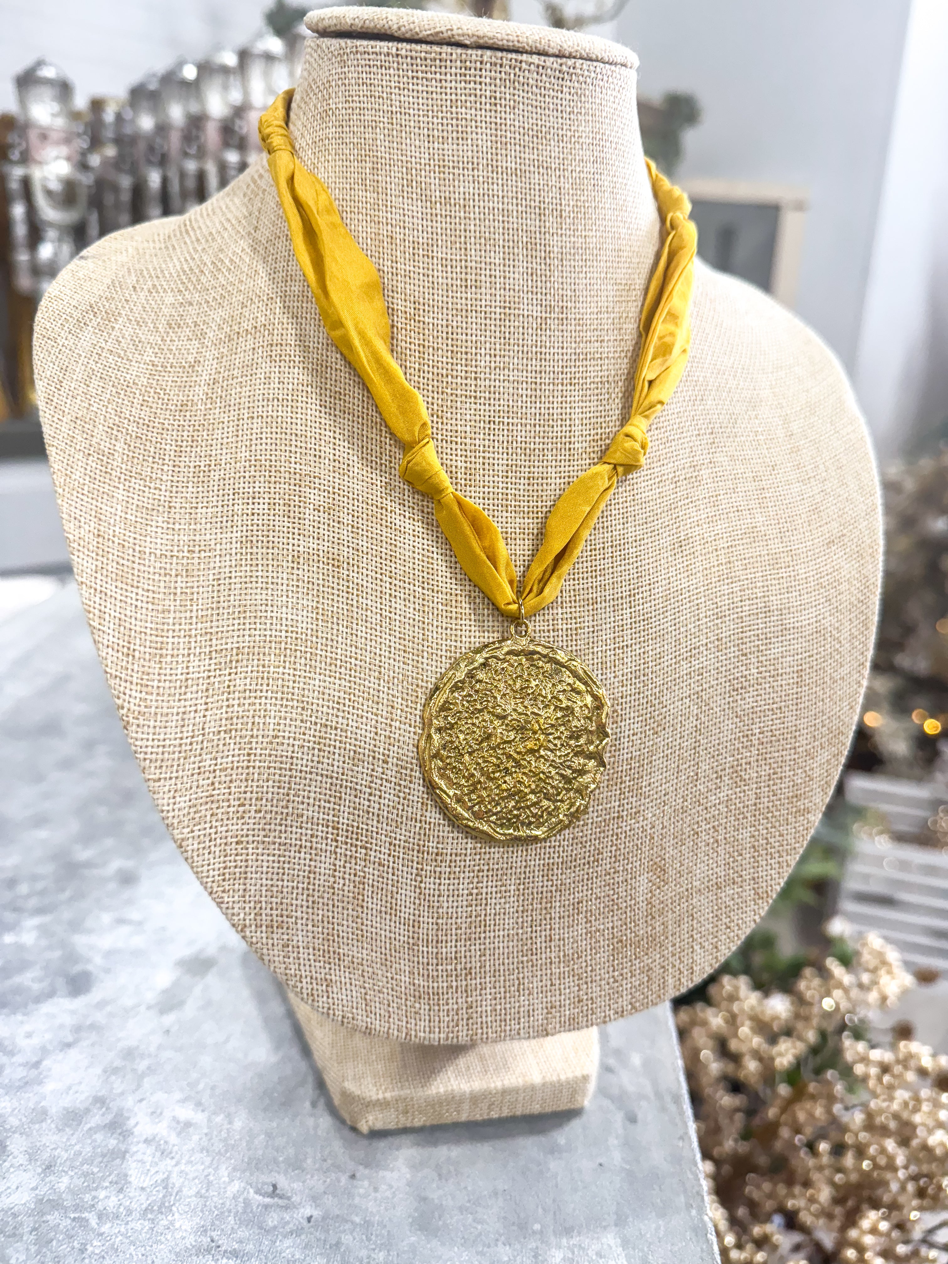 Mustard Scarf Necklace Gold Circle