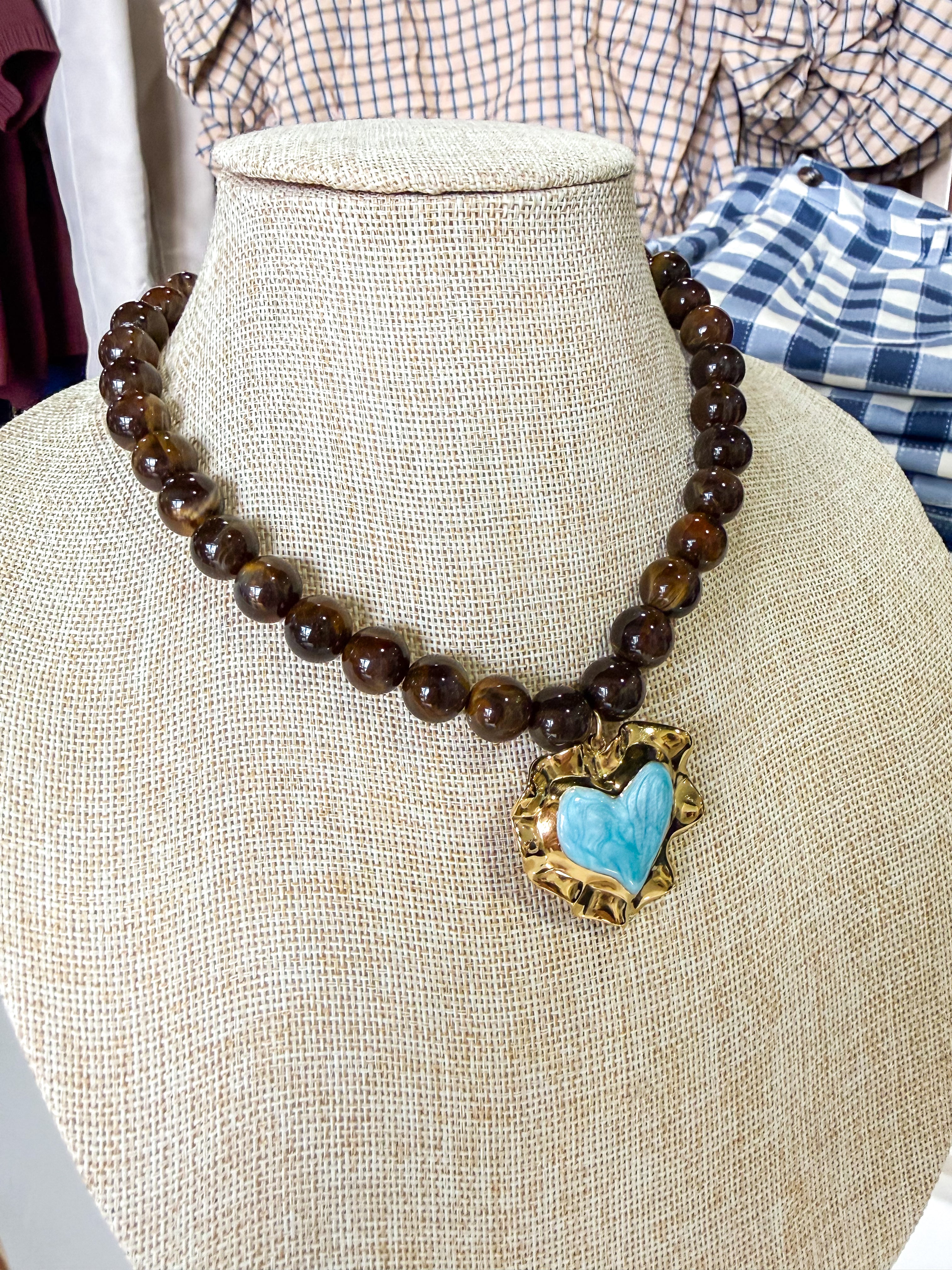 Dark Brown Small Blue Heart Beaded Necklace