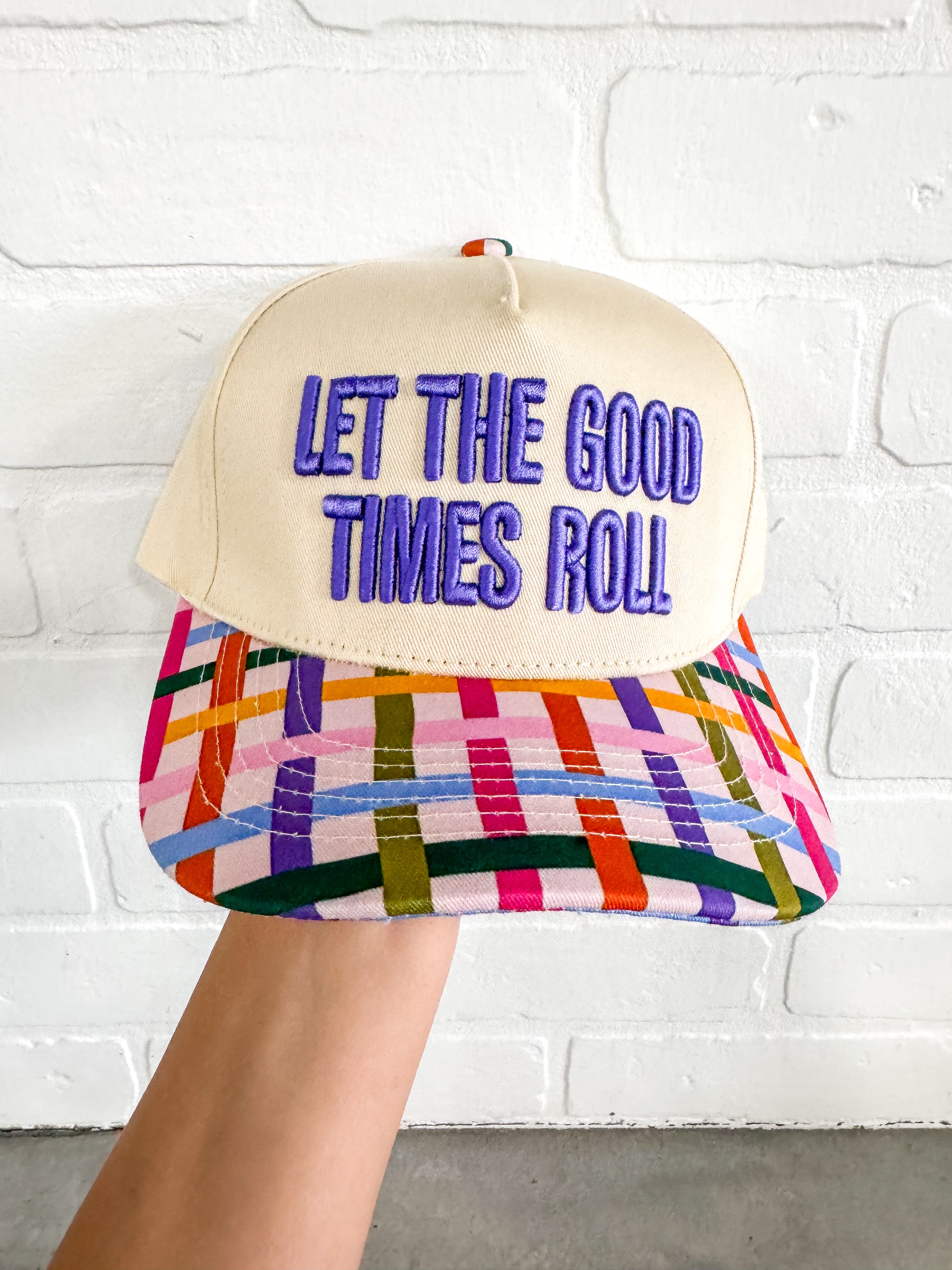 Let The Good Times Roll Cream/Purple Trucker Hat