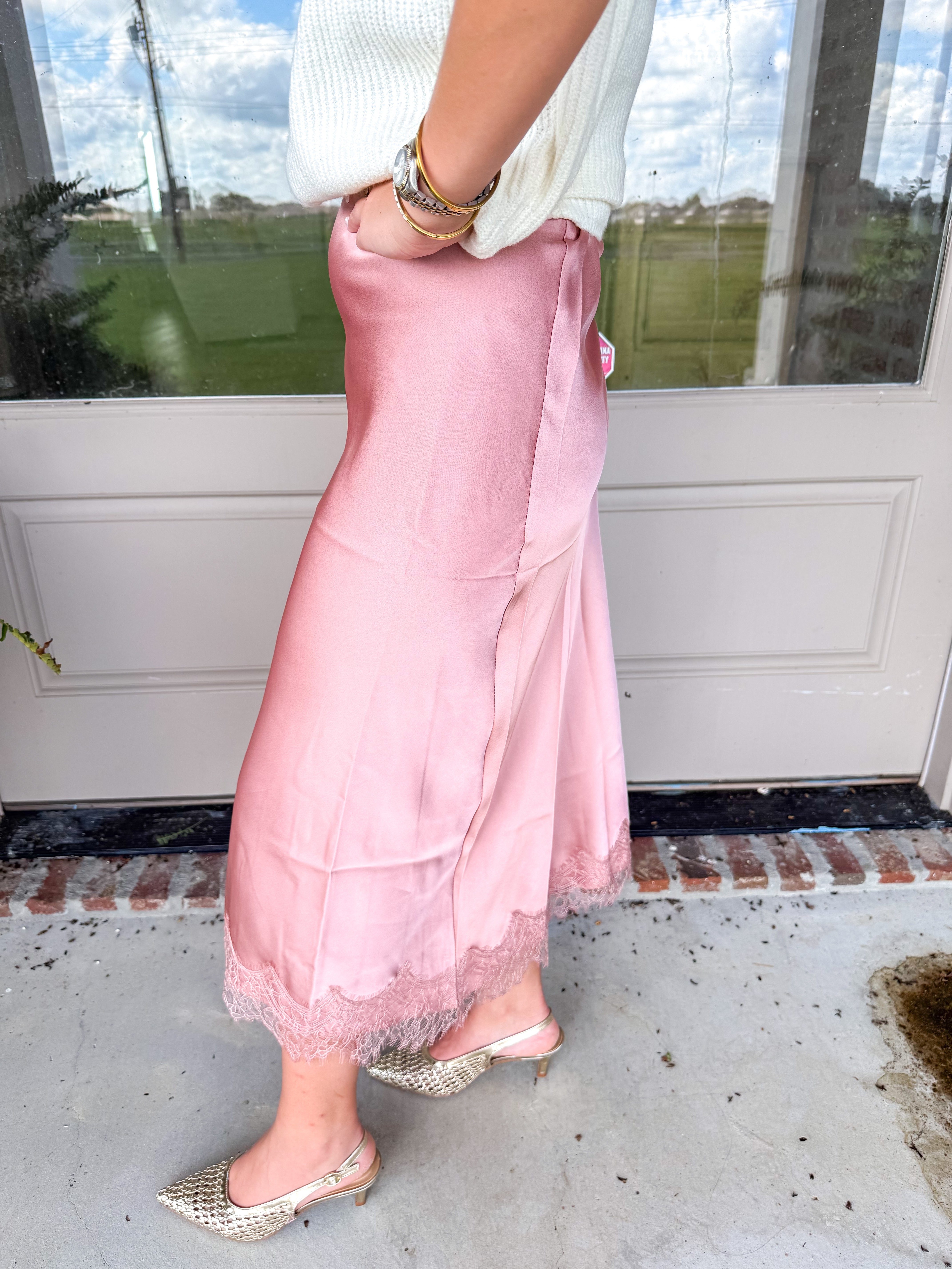 Lace & Satin Midi Skirt Rose