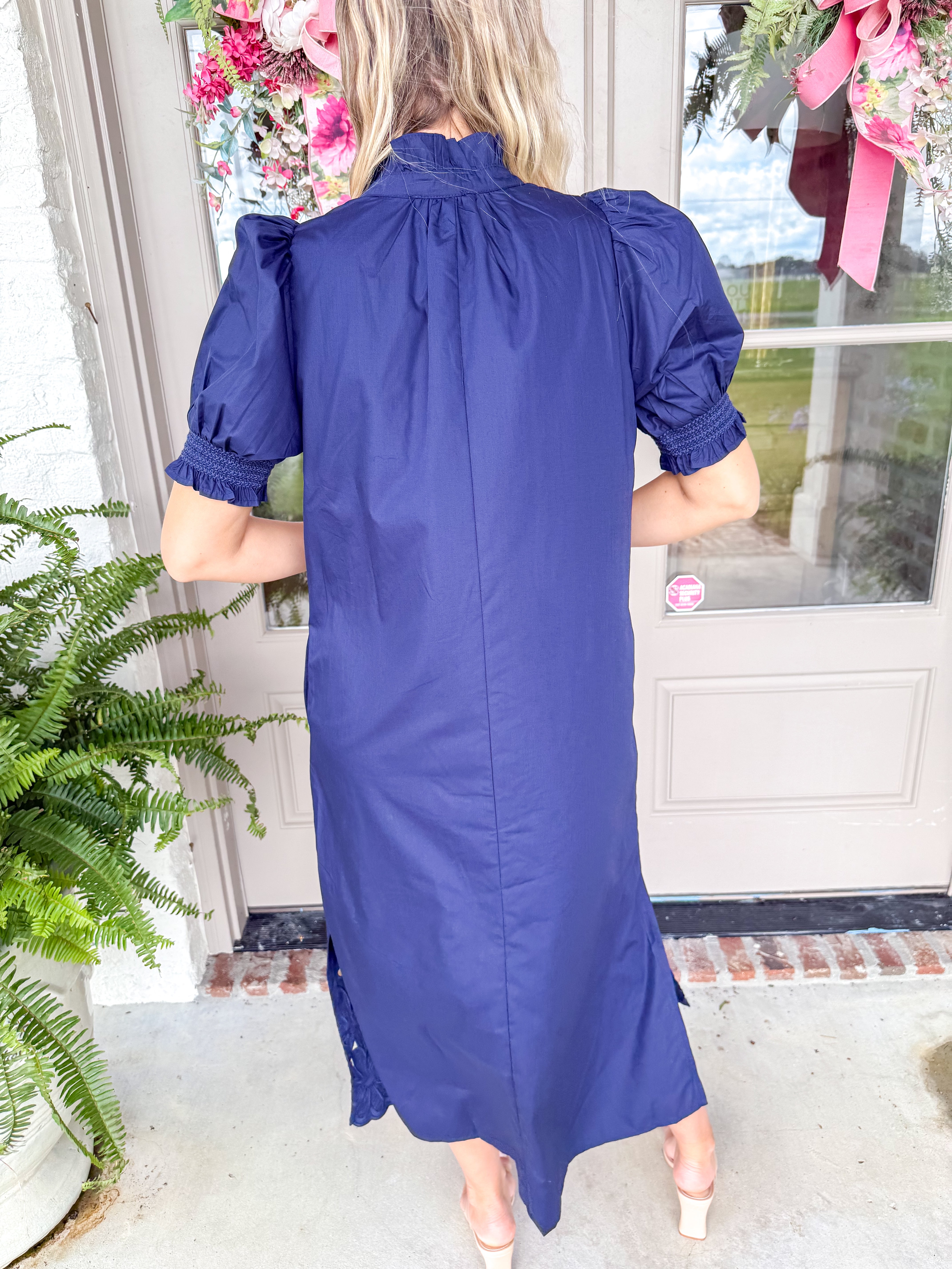 Navy Ruffle Embroidered Midi