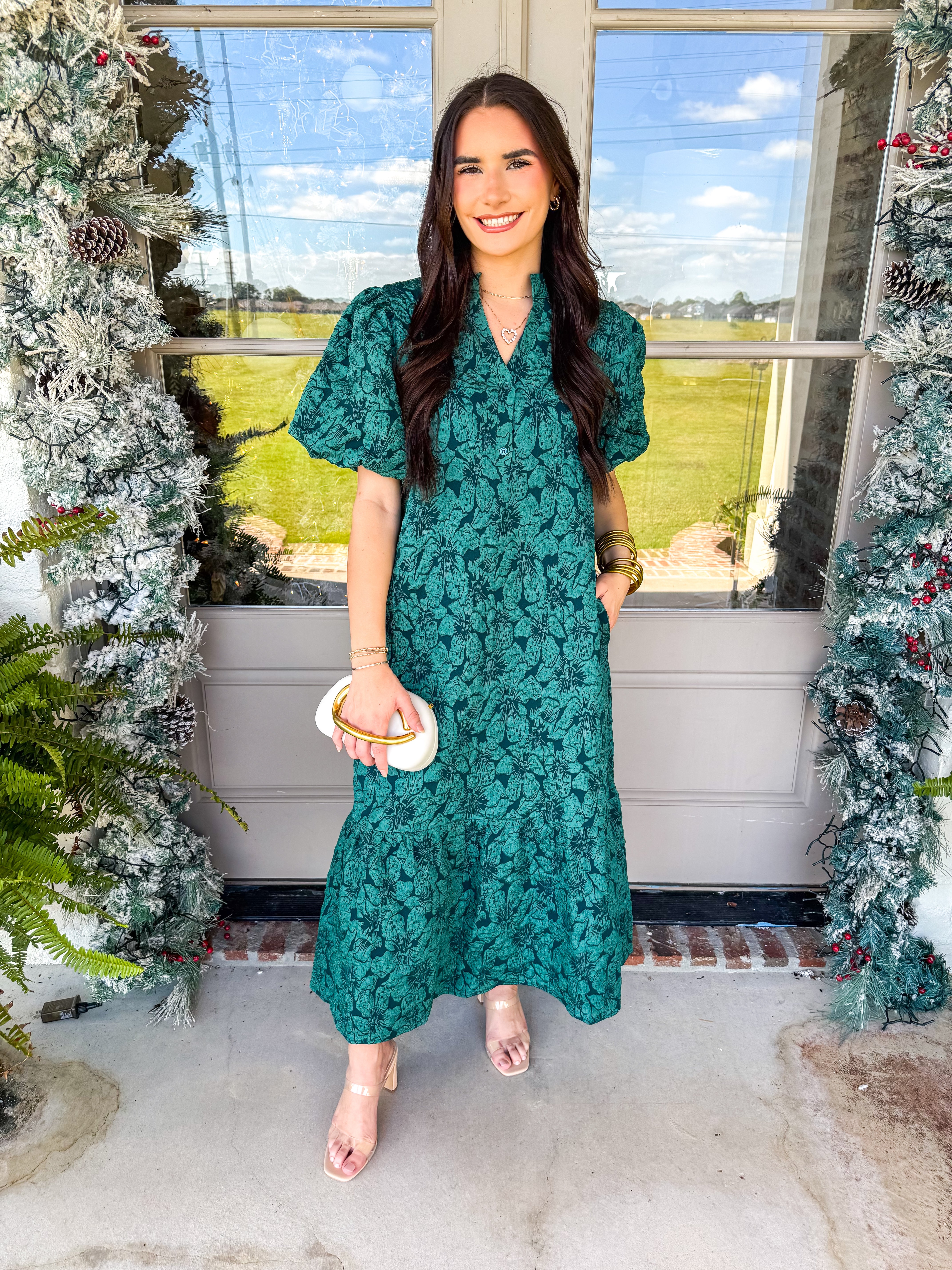 Emerald Puff Sleeve Jacquard Midi Dress