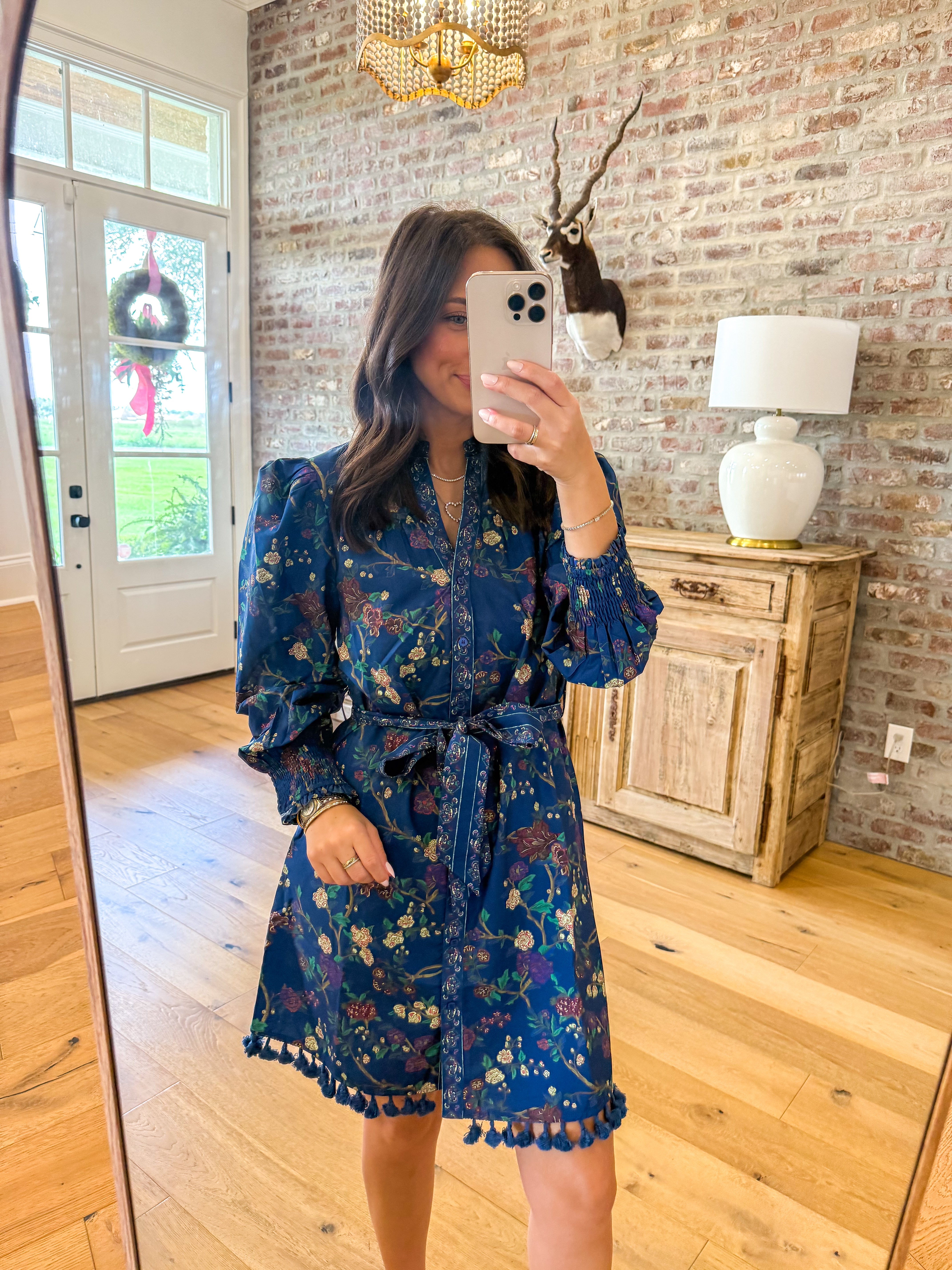 Floral Print Tassel Trim Belted Mini Dress