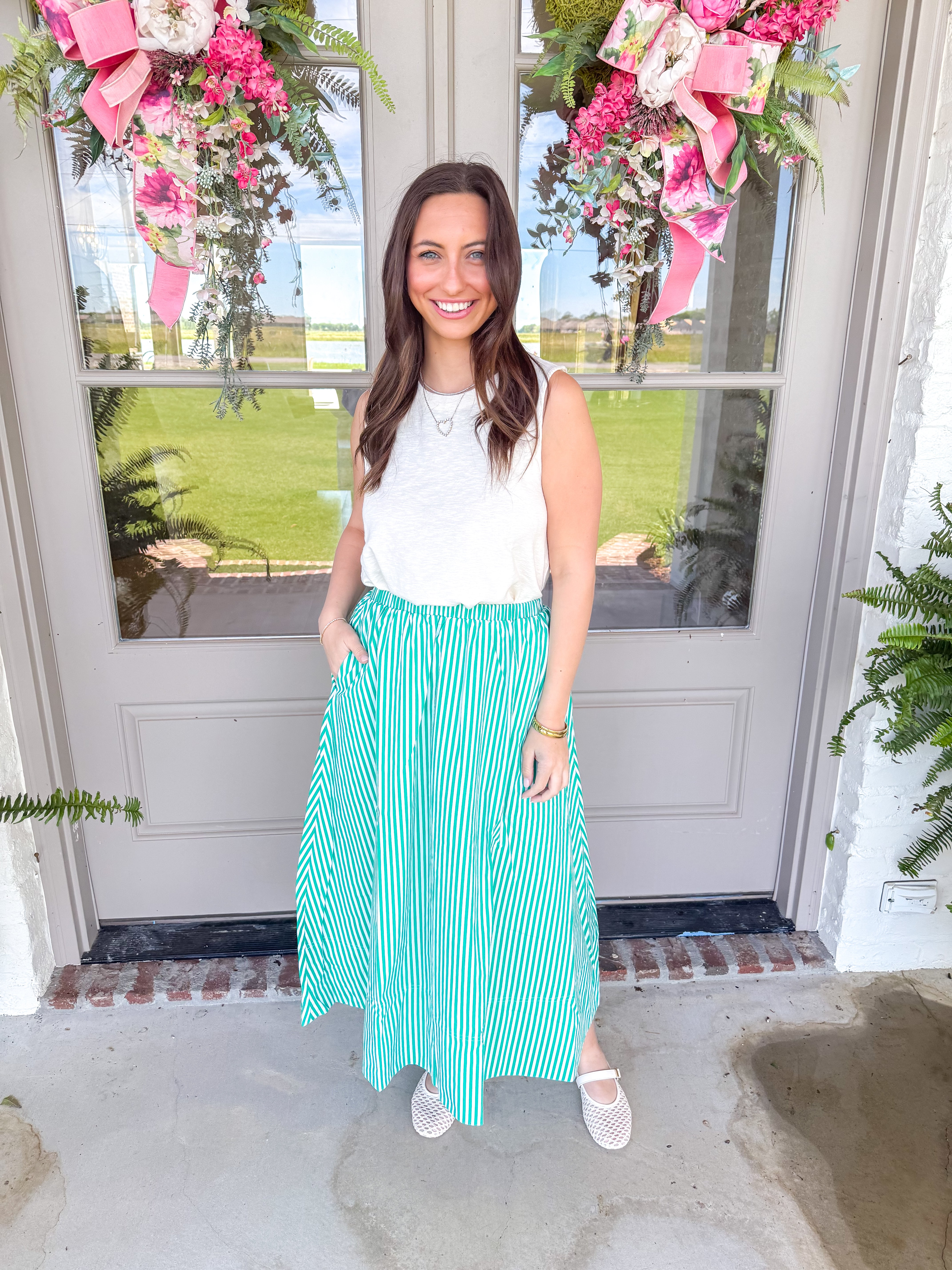 Green Garden Striped Midi Skirt