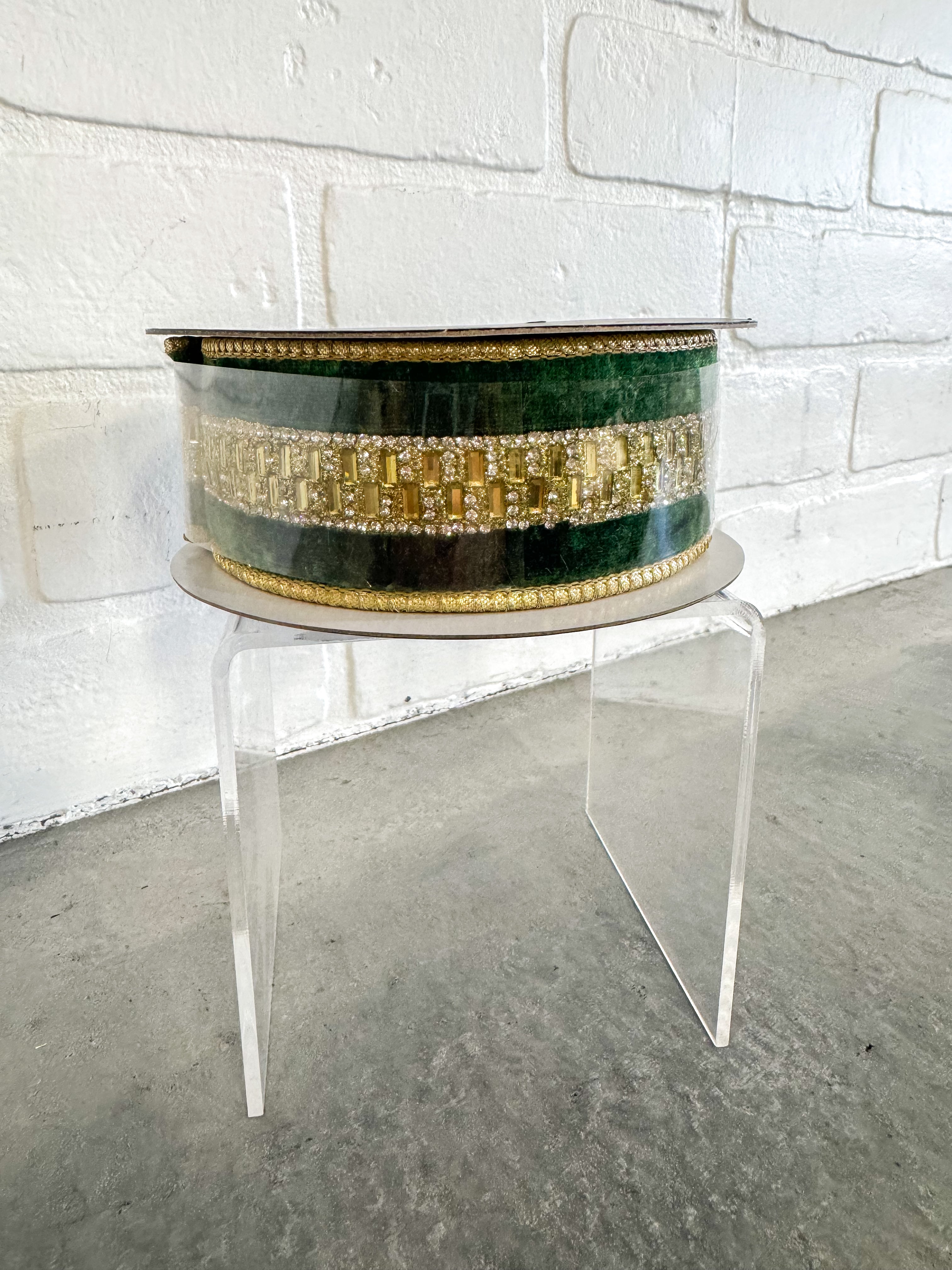 John Mark Ribbon Green Velvet Jeweled Center Trim DBL Fused- 1.5x5yd