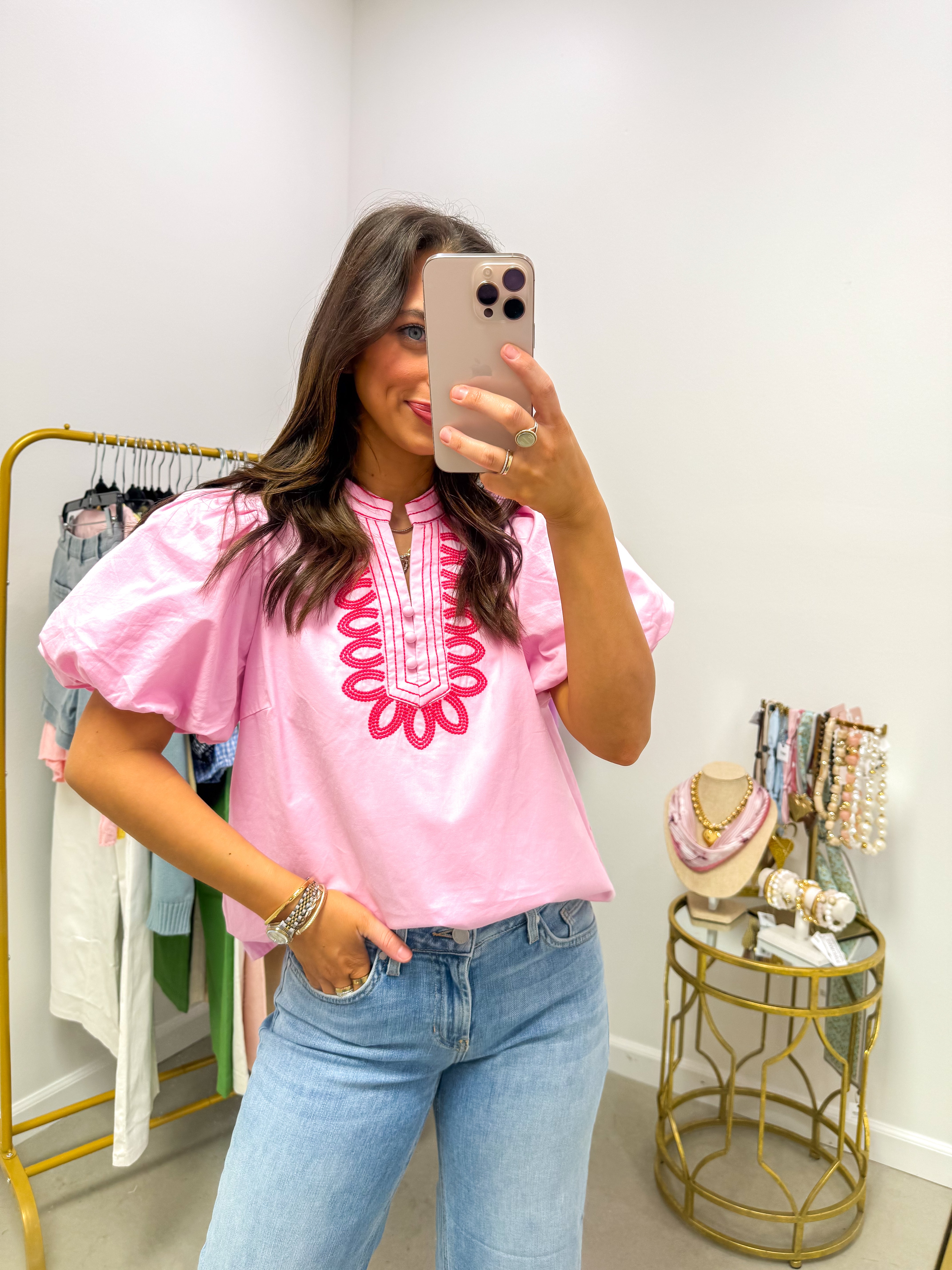 Pink Embroidered Puff Sleeve Top