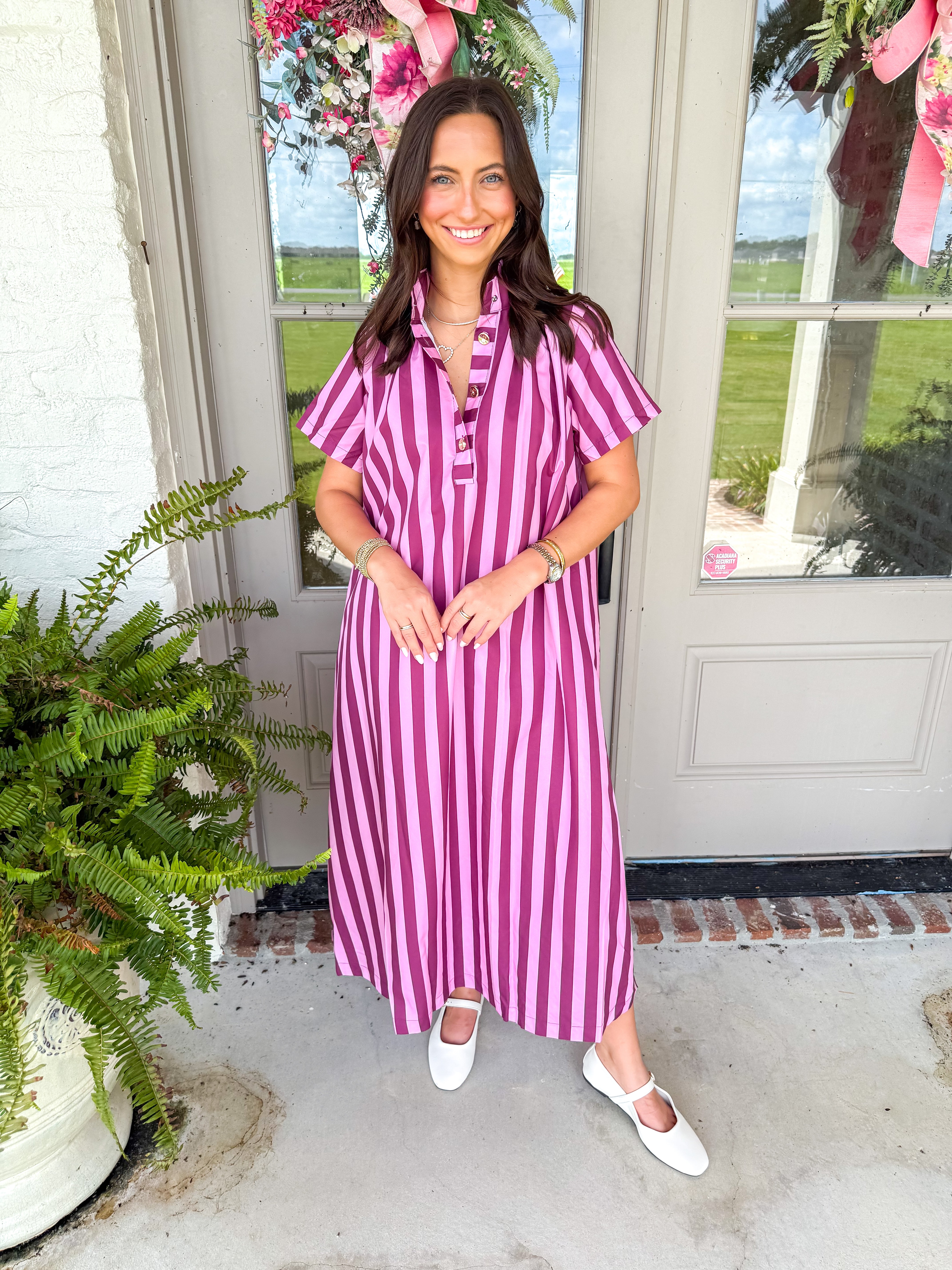 Berry Stripe High-Neck Midi Dress