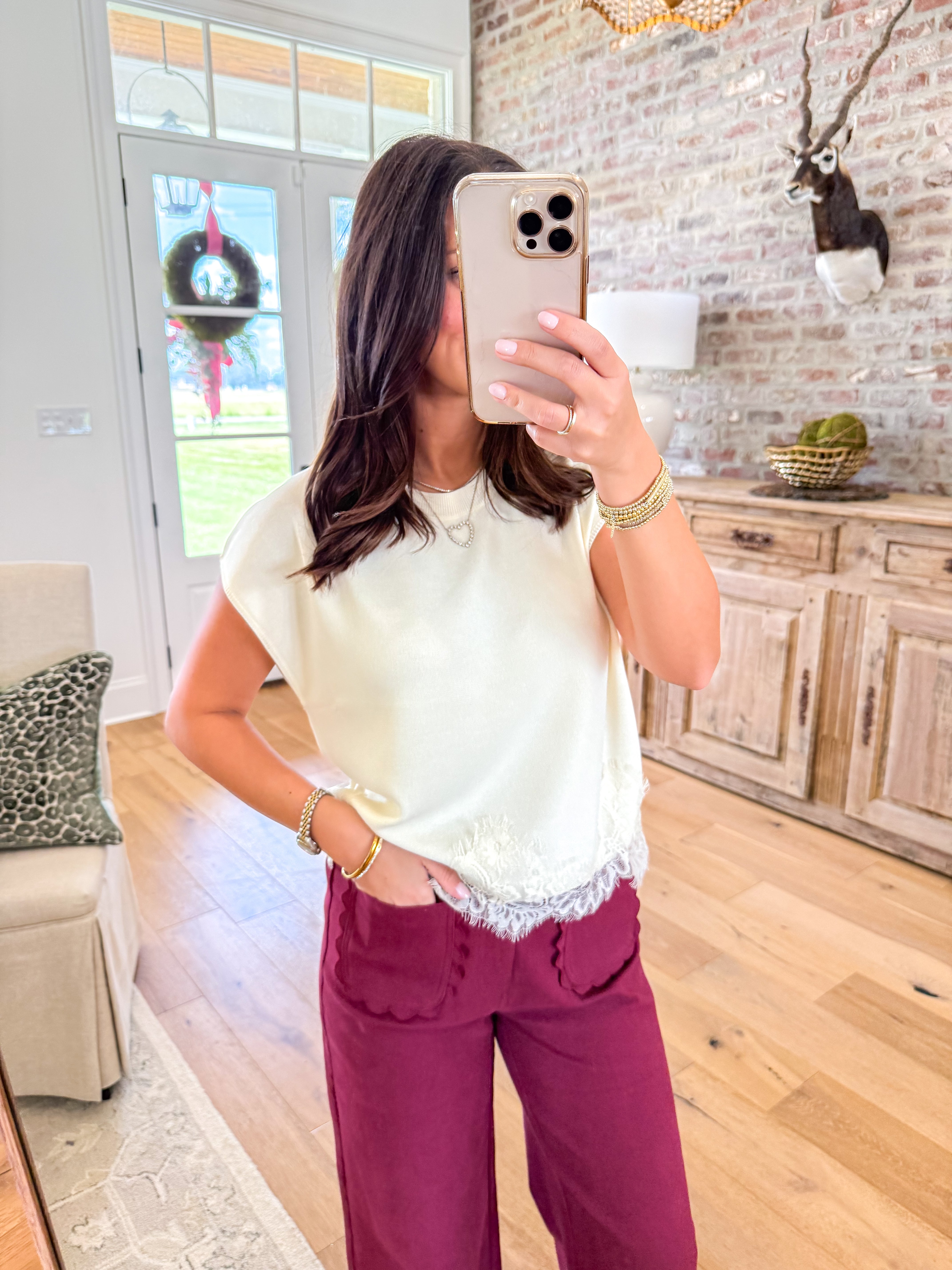 Everly Lace-Trim Sweater Knit Top Cream