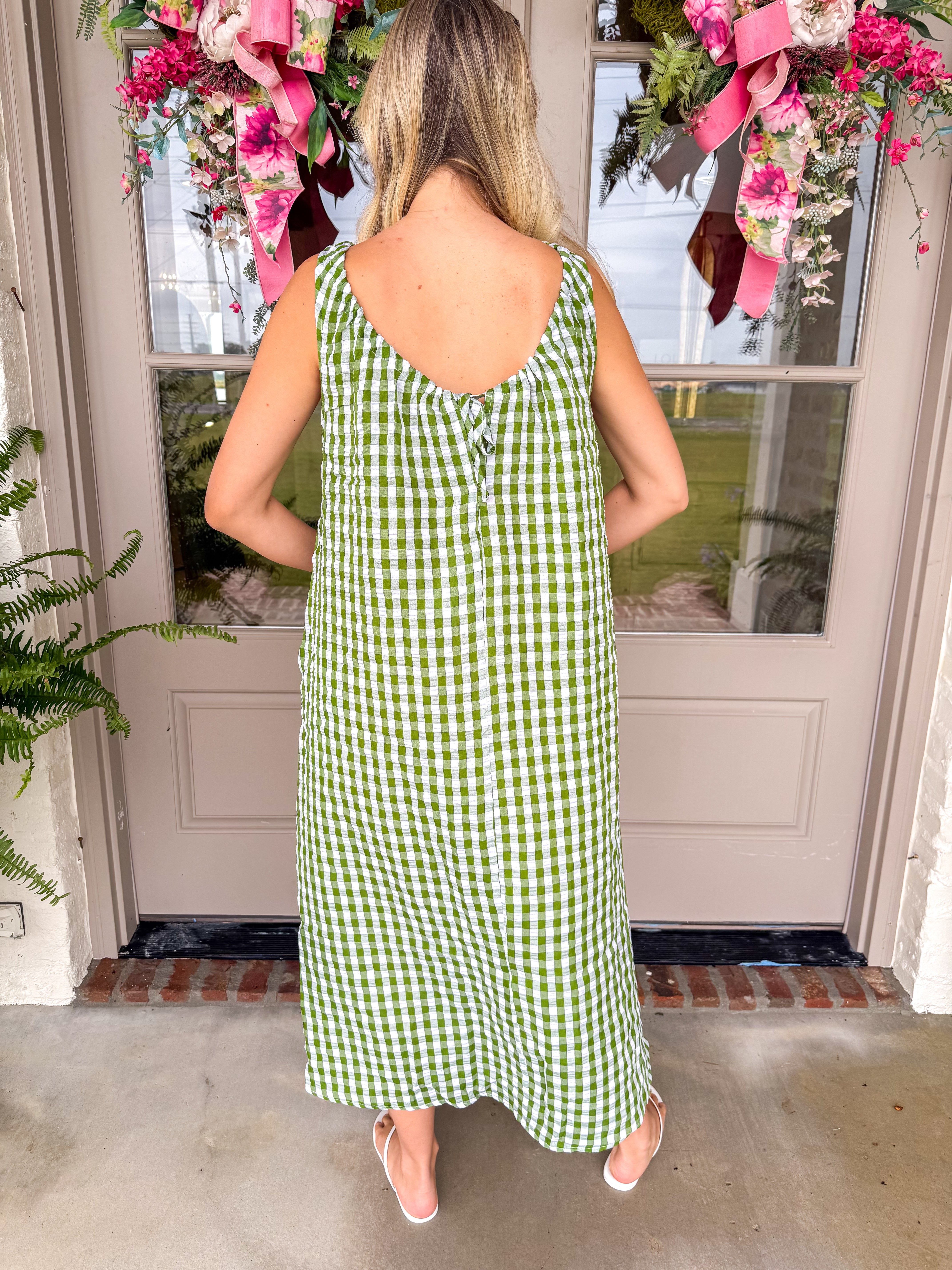 Lyla Green Gingham Bow Front Maxi Dress