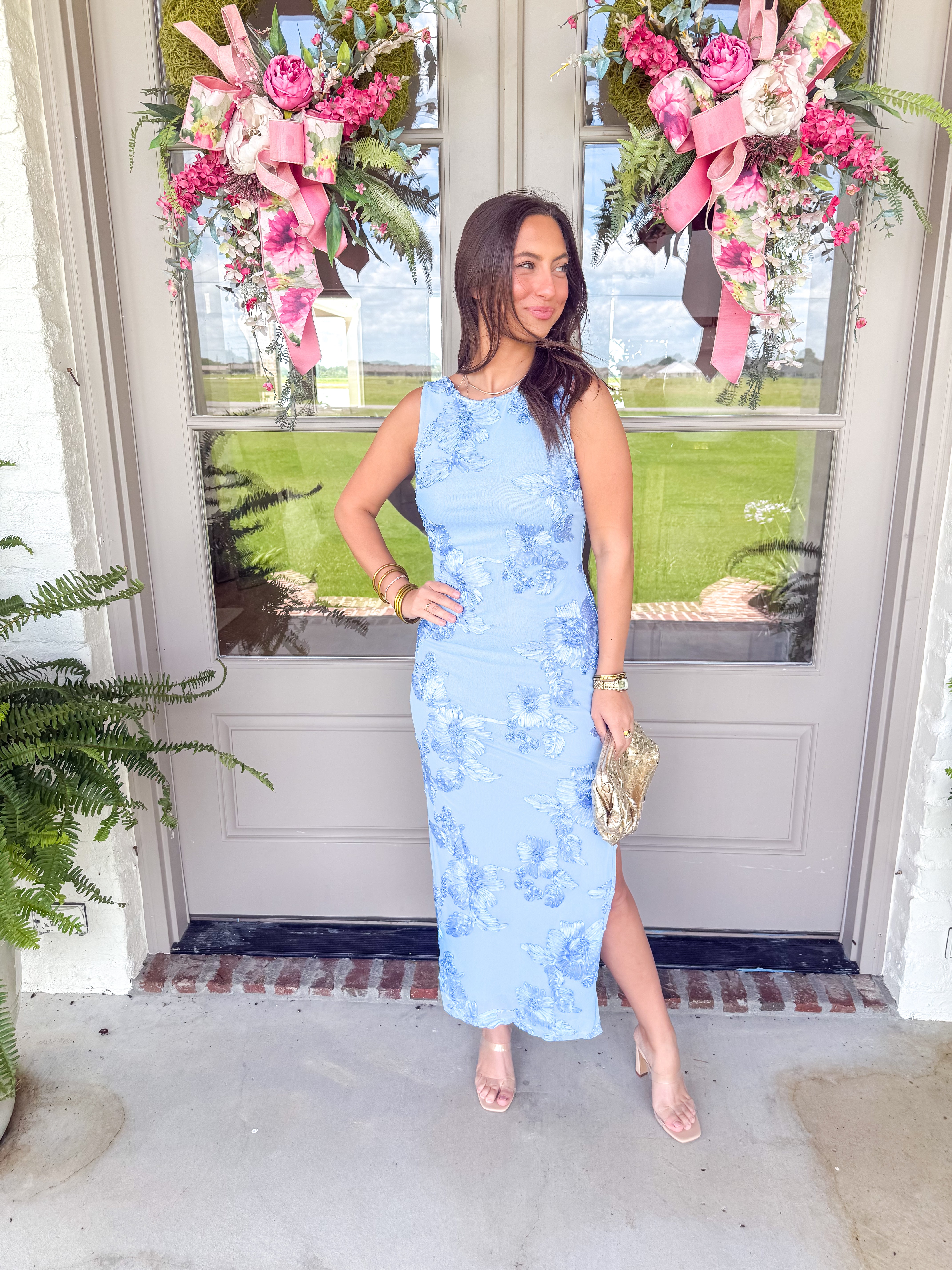 Chambray Blue Floral Appliqué Midi Dress