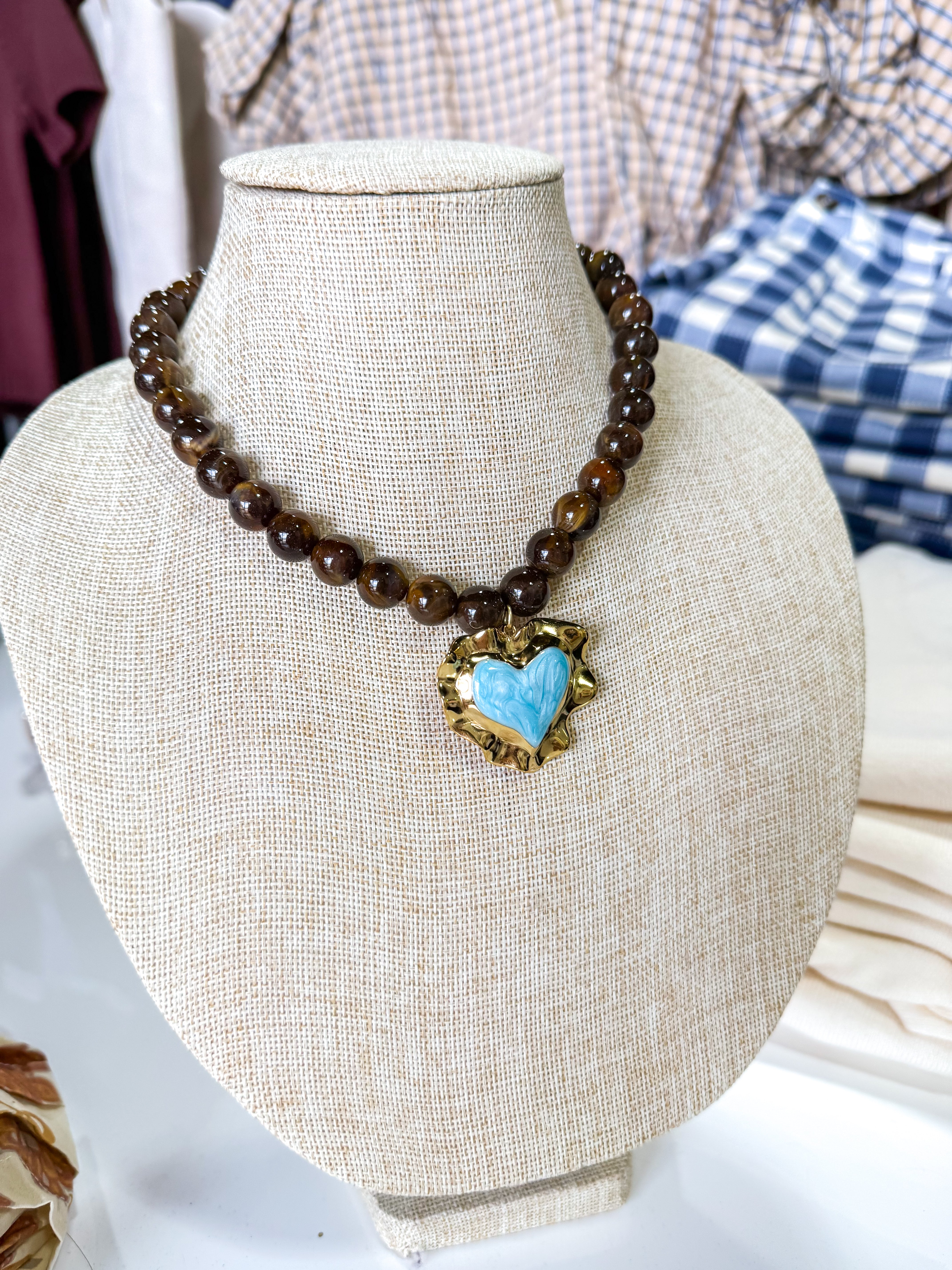 Dark Brown Small Blue Heart Beaded Necklace