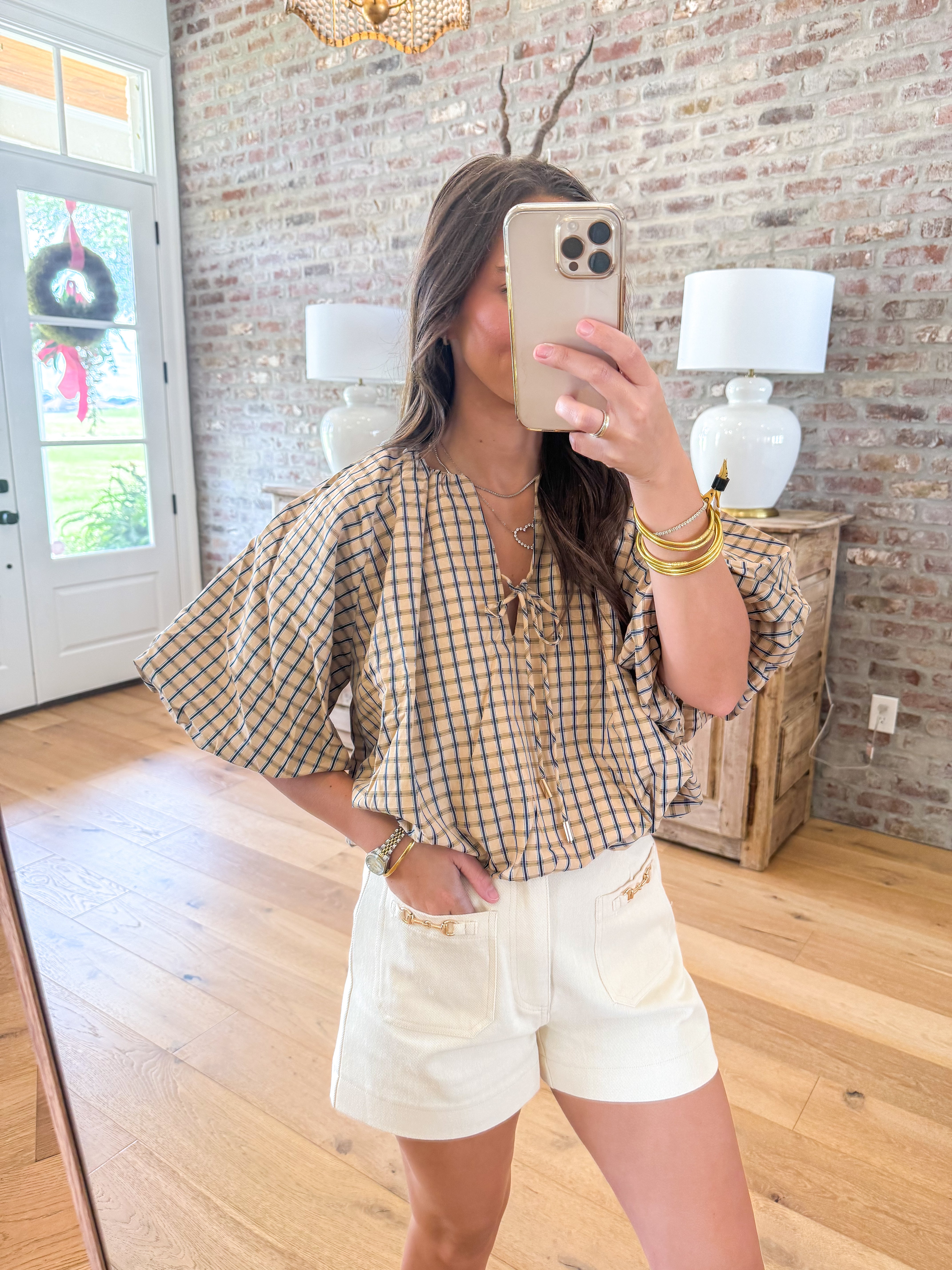 Camel Plaid Puff Sleeve Top