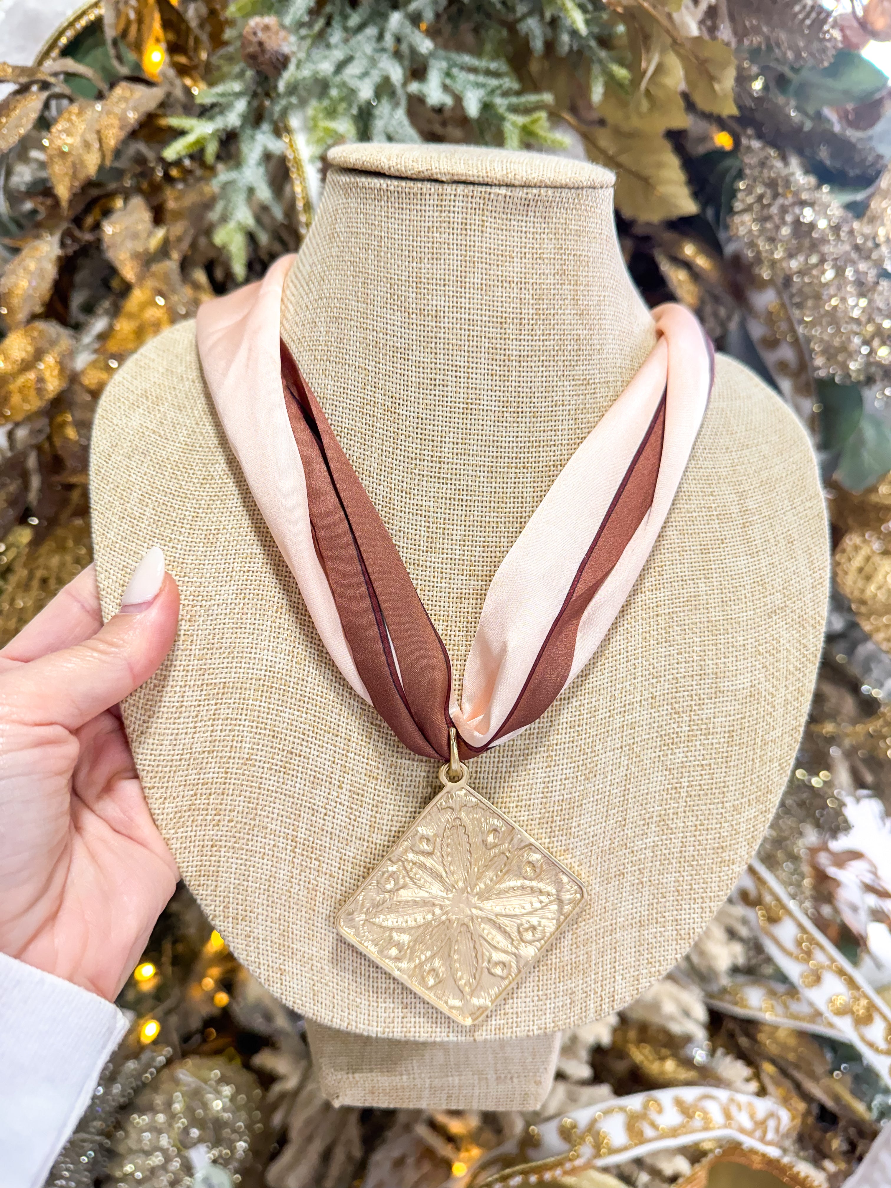 Pink & Brown Large Scarf Necklace Gold Flower Pendant