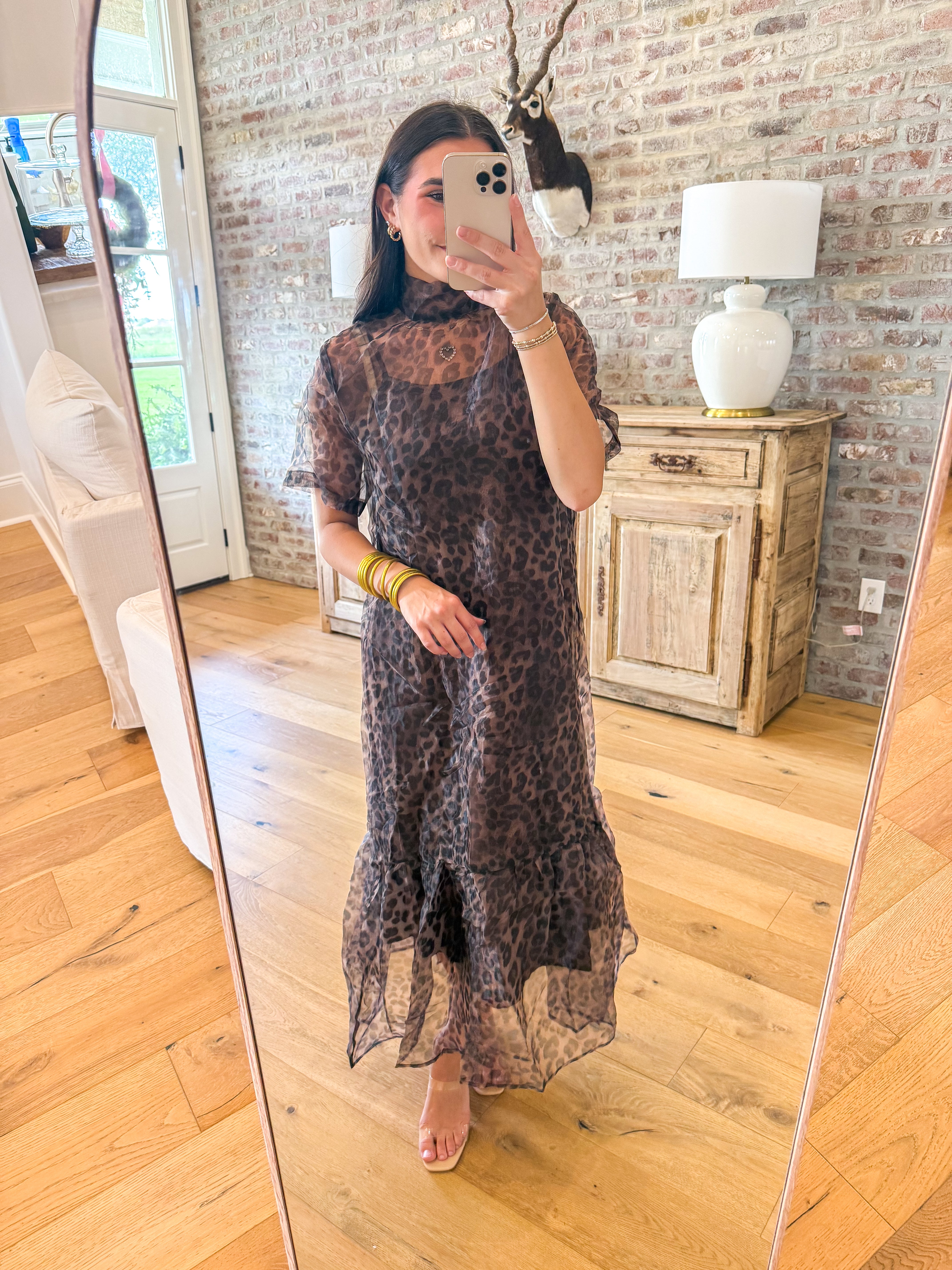 Leopard Organza Scarf-Tie Midi Dress