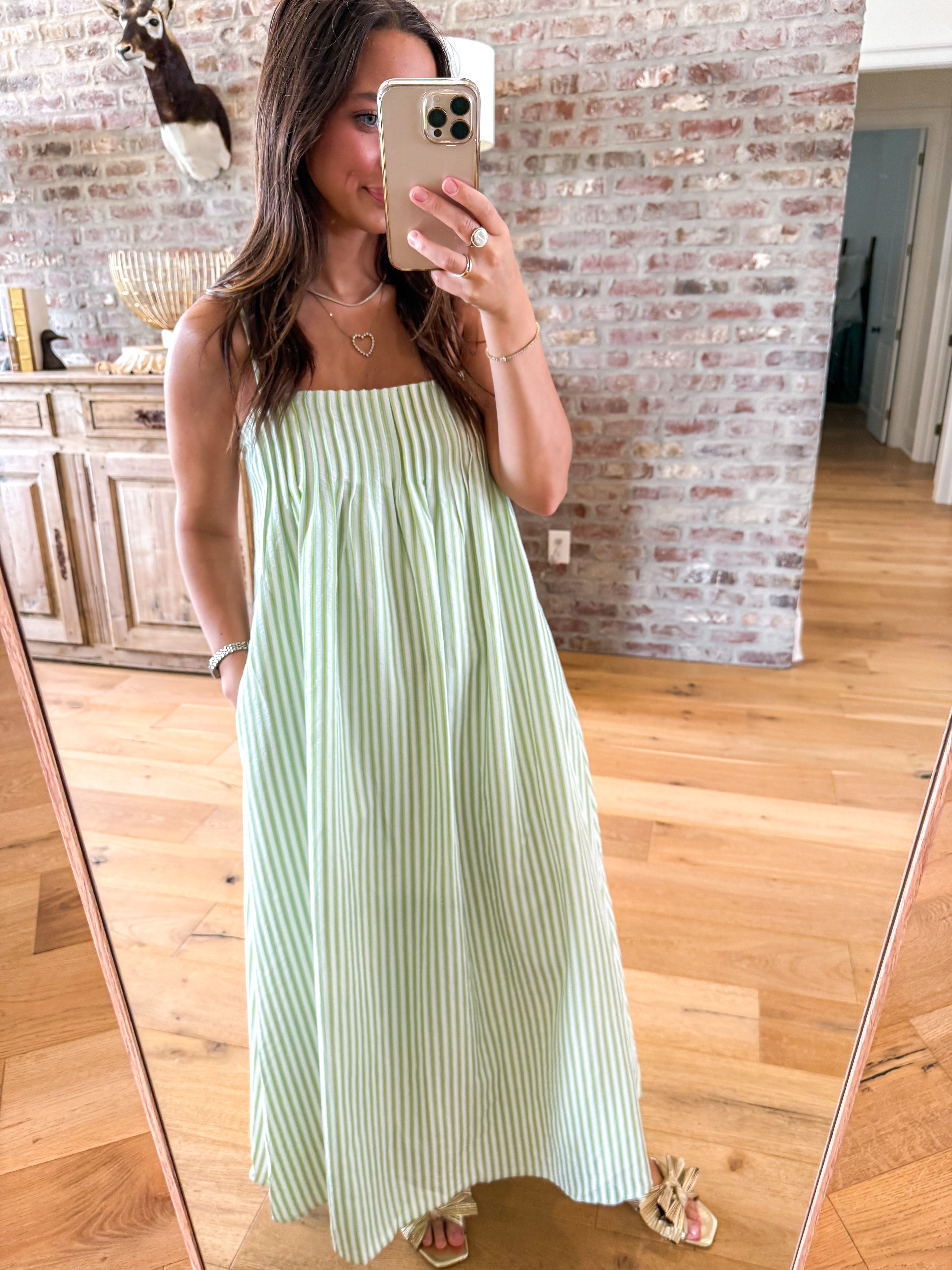 Sage & White Stripe Pleated Maxi Dress