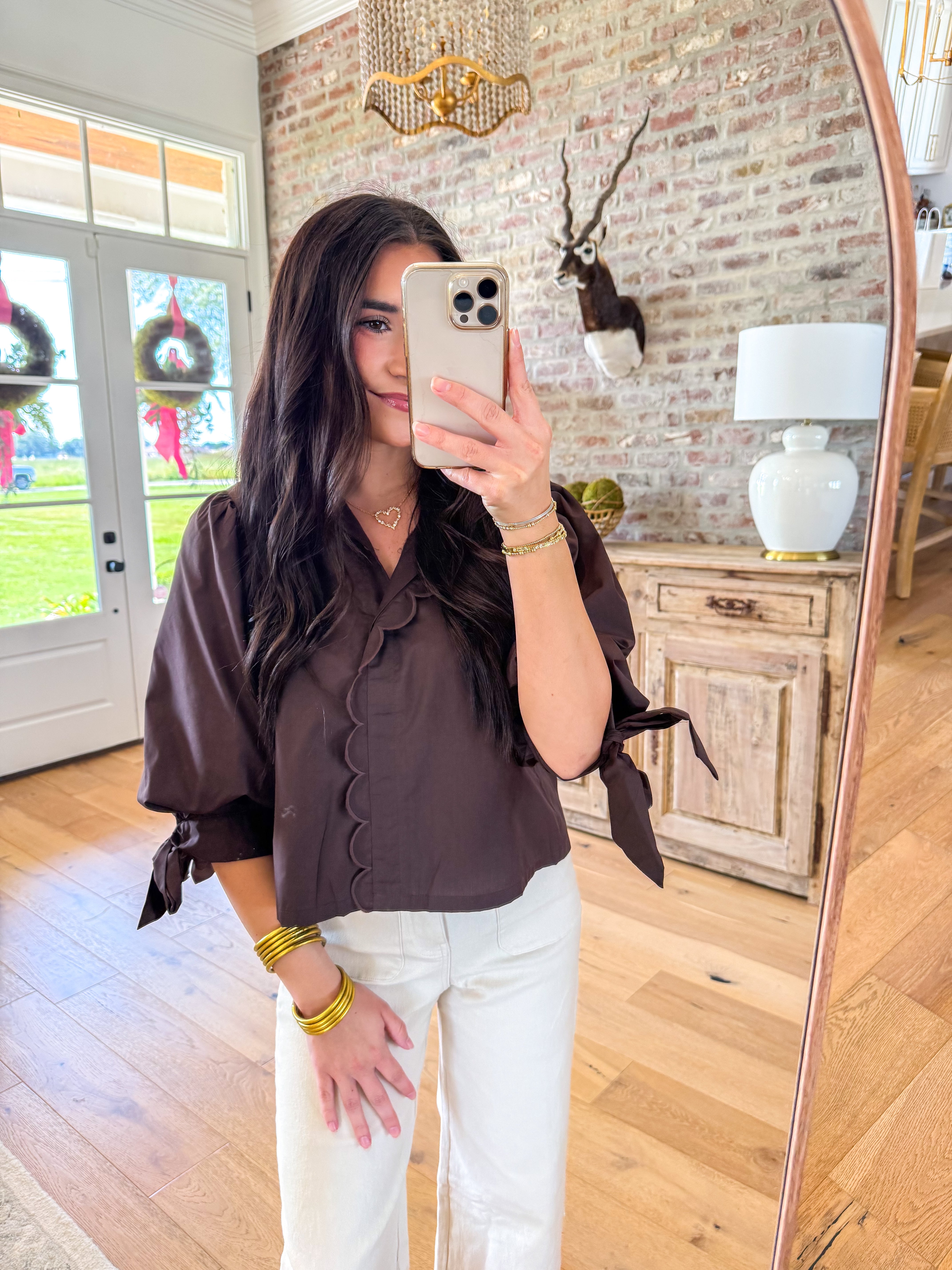 Scalloped Edge Puff Sleeve Top Brown