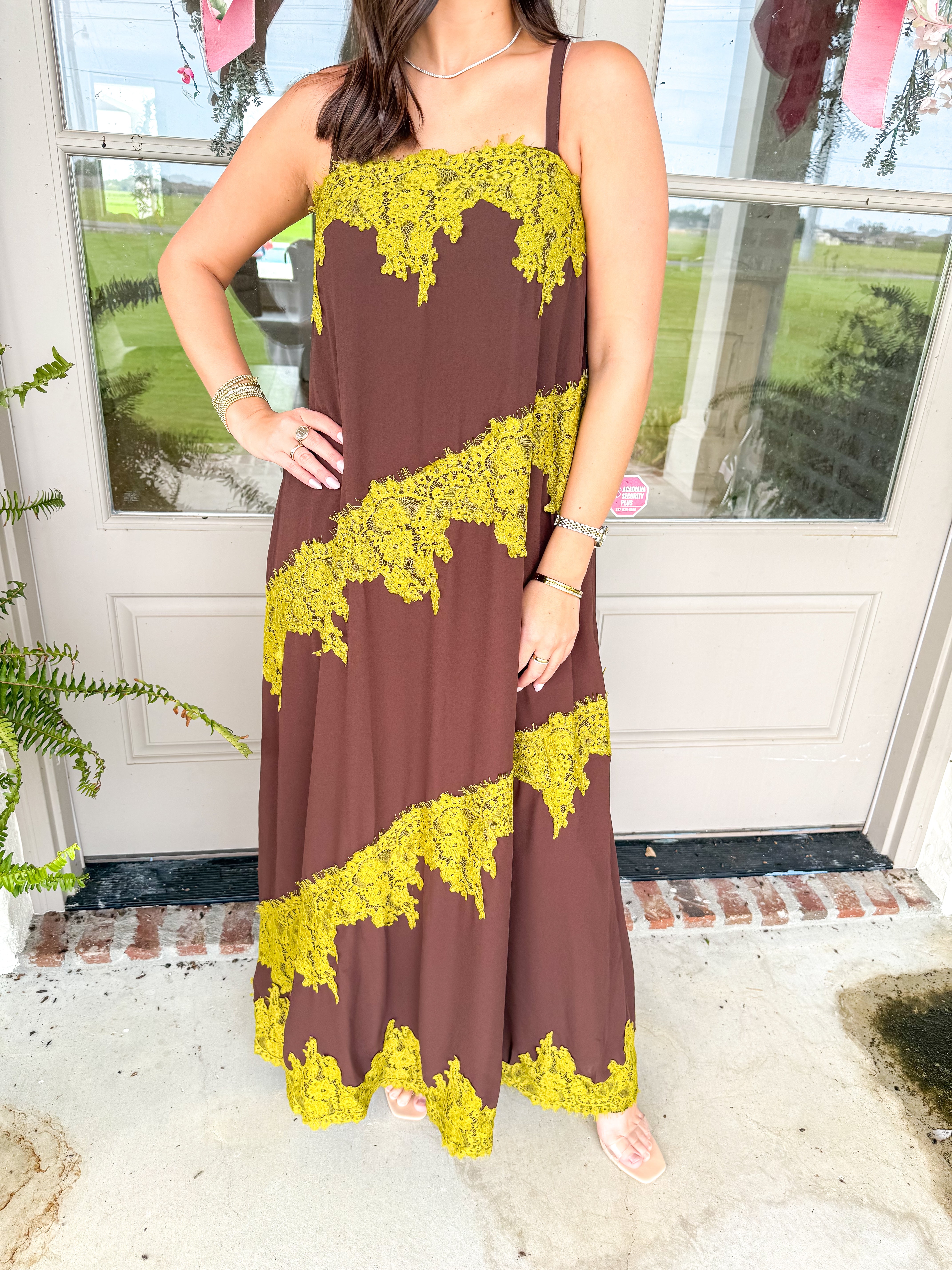 Chocolate & Chartreuse Lace Maxi Dress