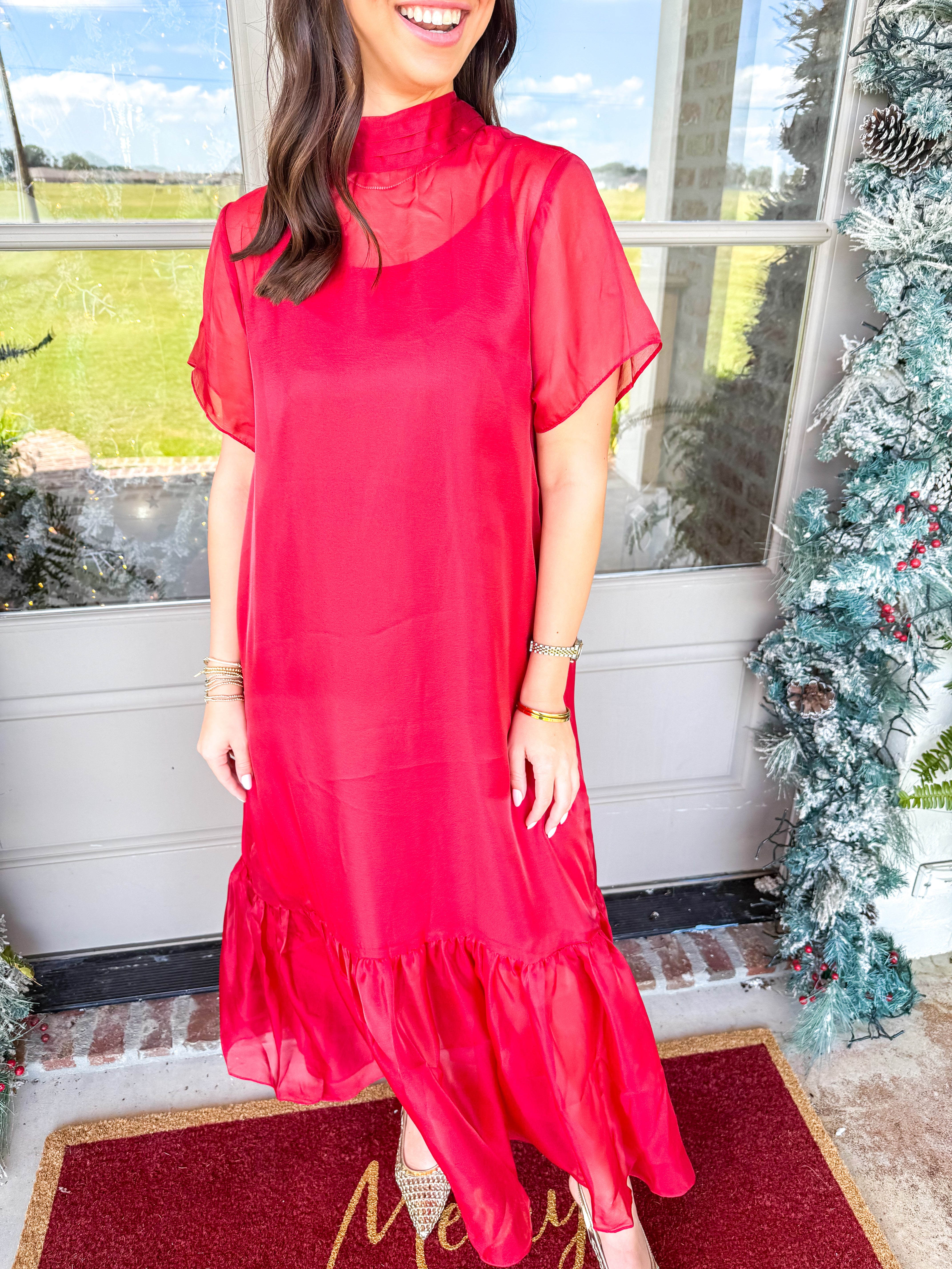Crimson Whisper Chiffon Midi Dress