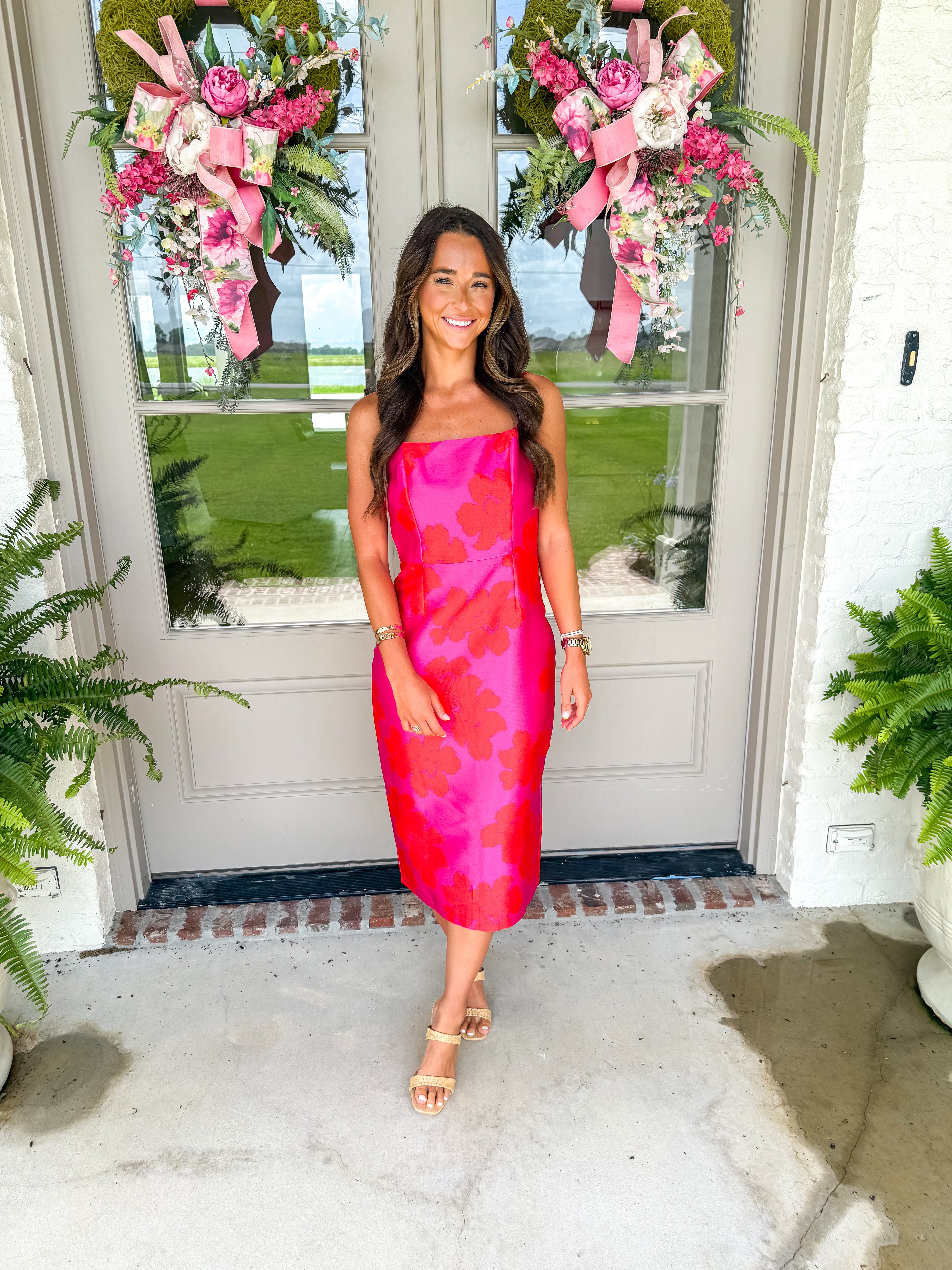 Fuchsia Garden Floral Satin Midi Dress