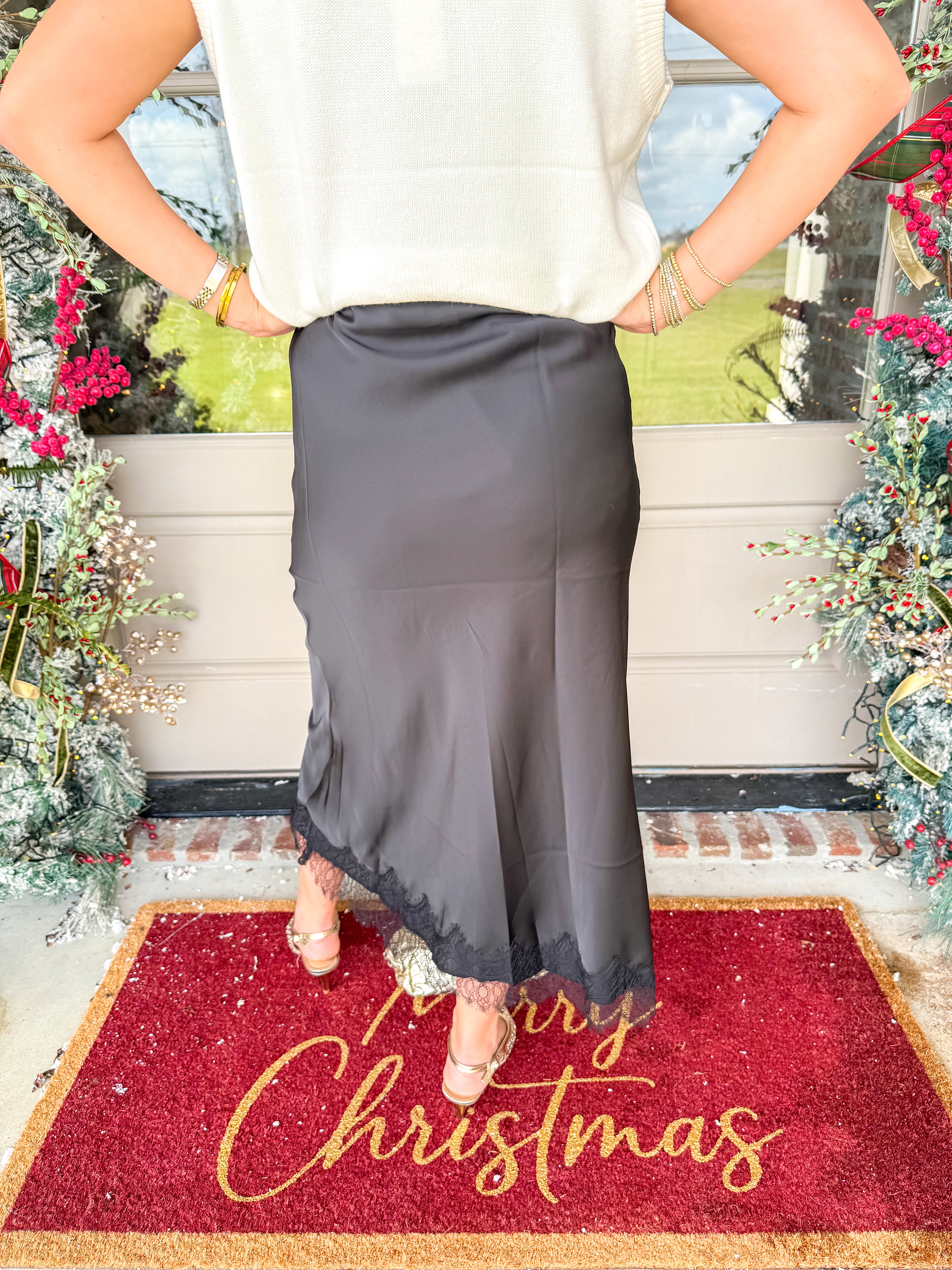 Lace & Satin Midi Skirt Black