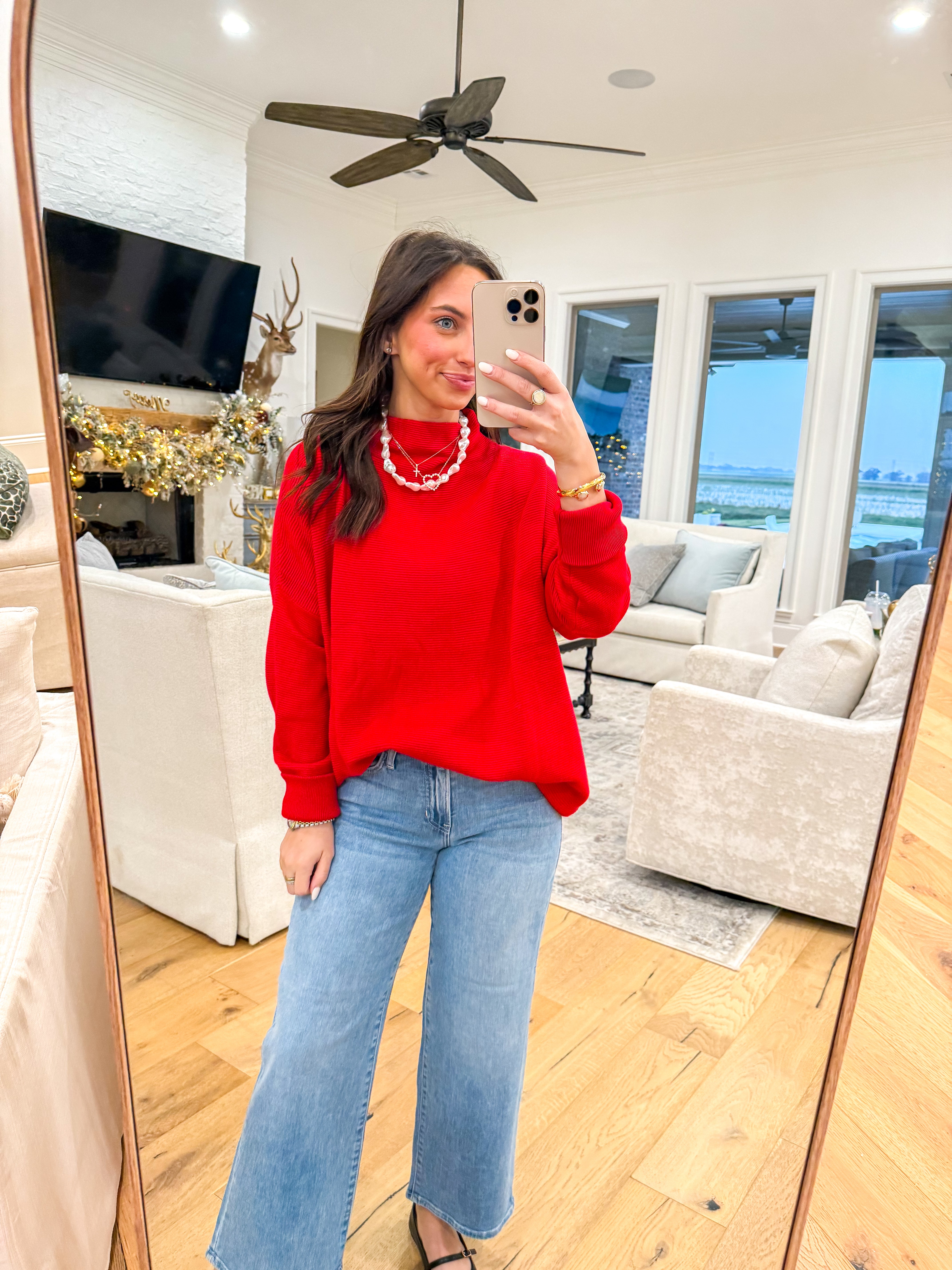 Red Oversized Textured Sweater Tunic