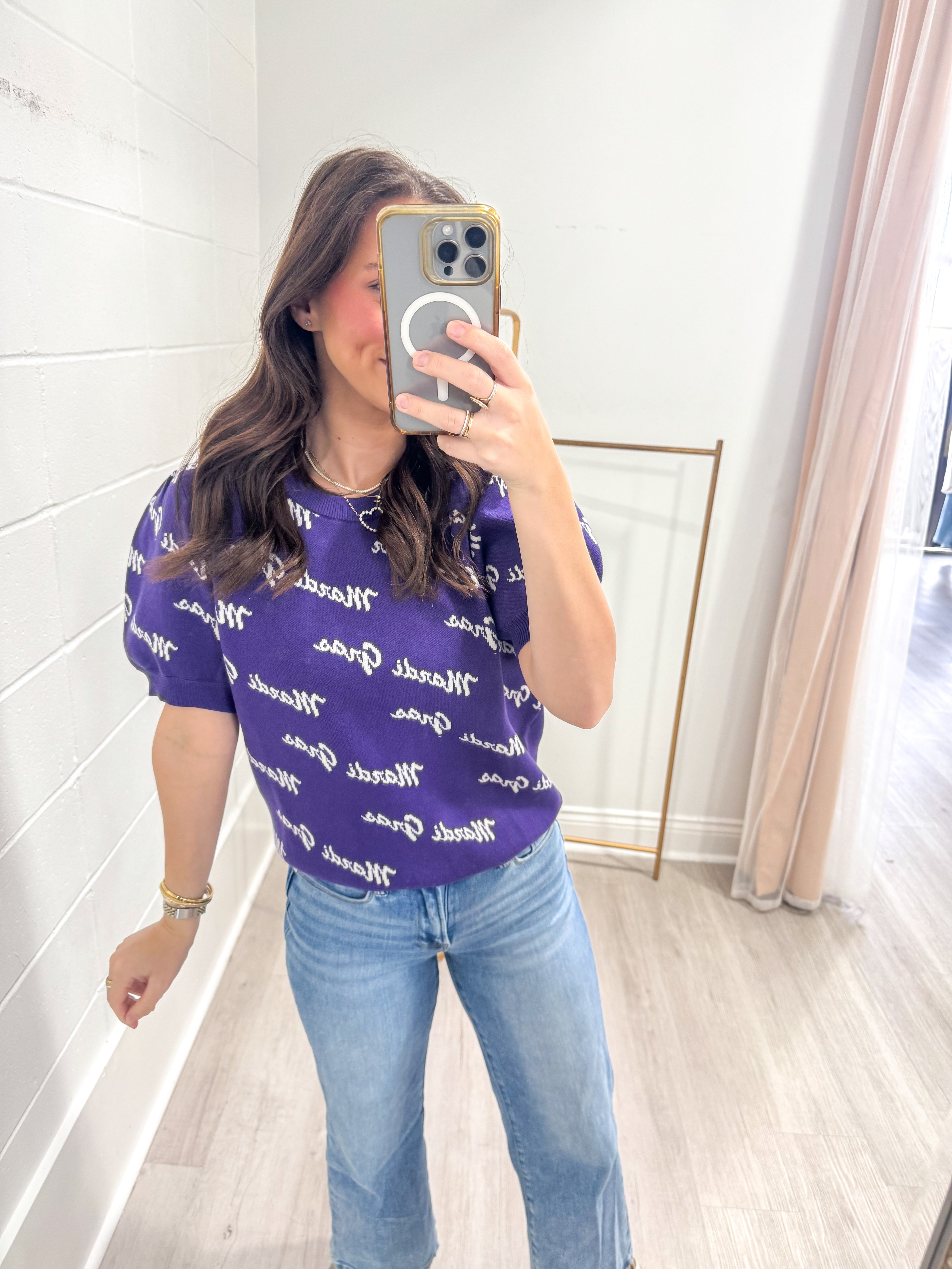 Mardi Gras Words Purple Puff Sleeve Top