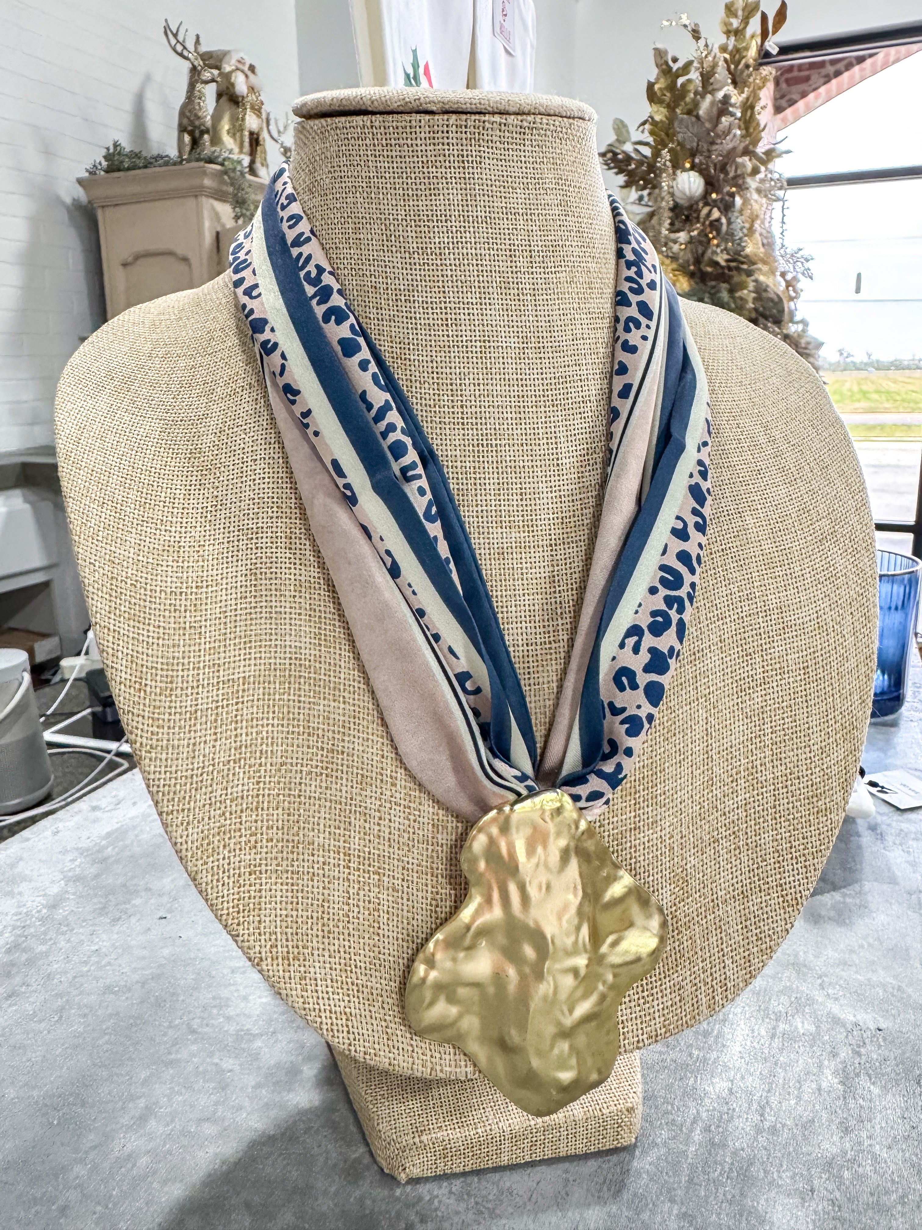 Tan & Blue Cheeta Scarf Necklace Gold Pendant