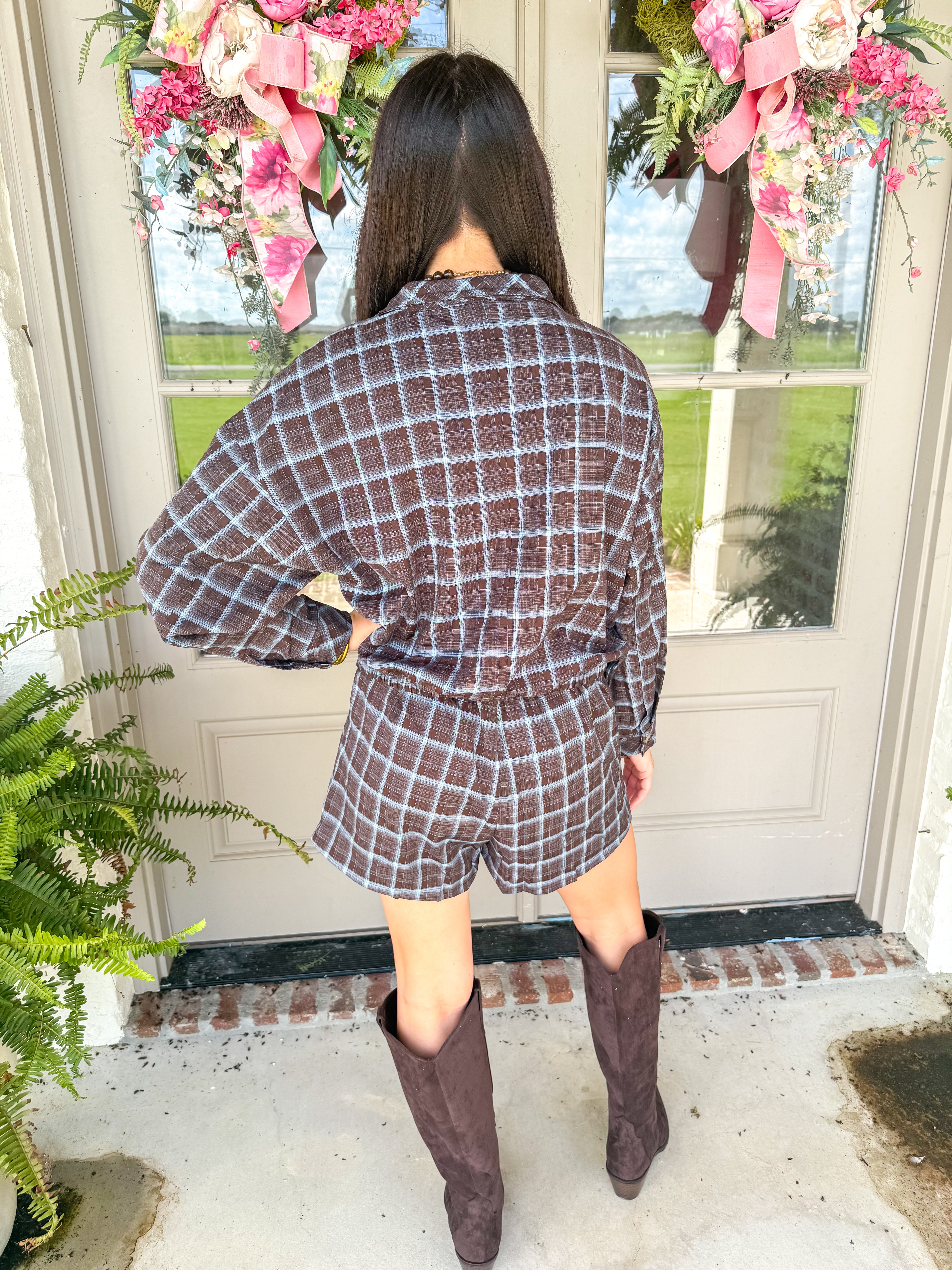 Baby Blue/Brown Plaid Zip-Up Shacket