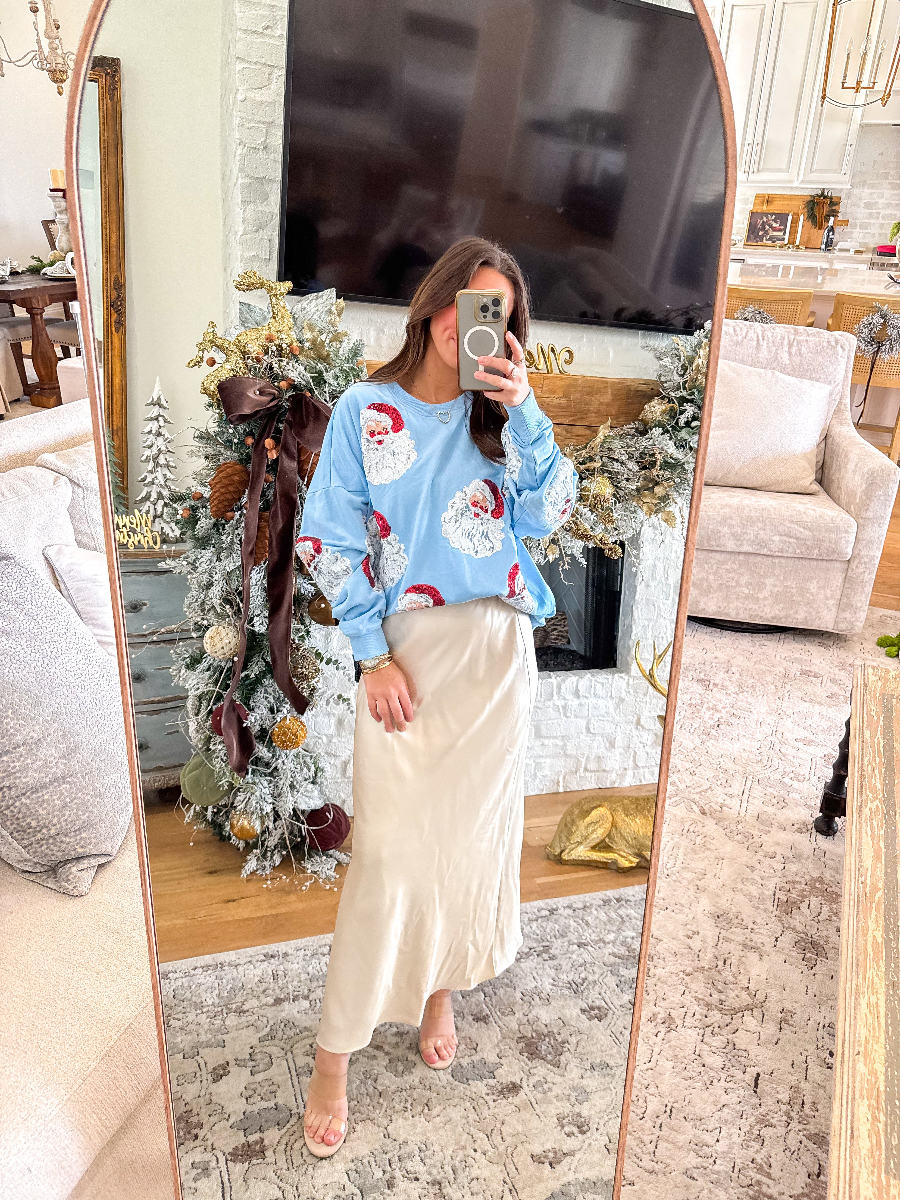 Blue Overszied Sequin Santa Sweatshirt