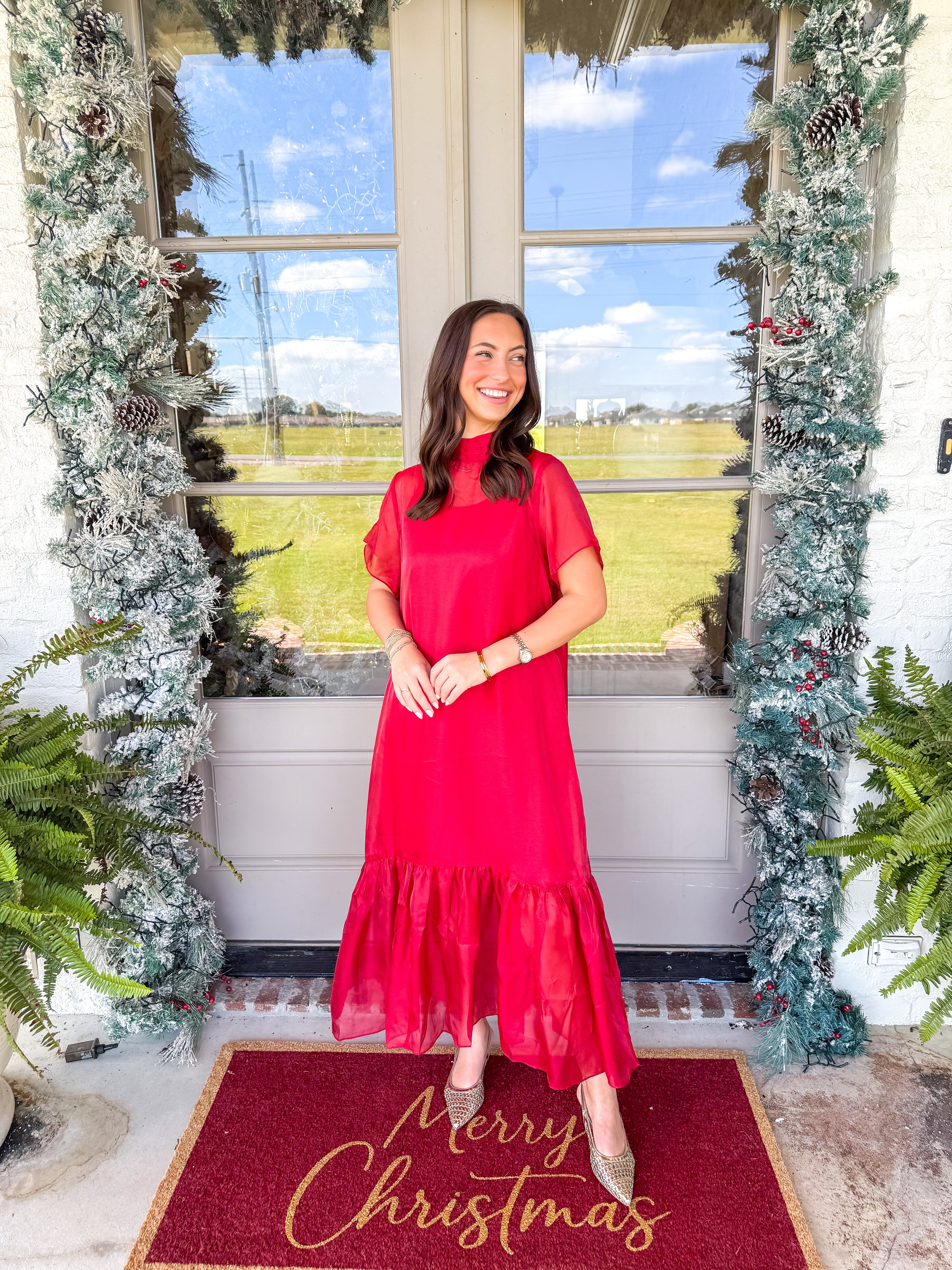 Crimson Whisper Chiffon Midi Dress