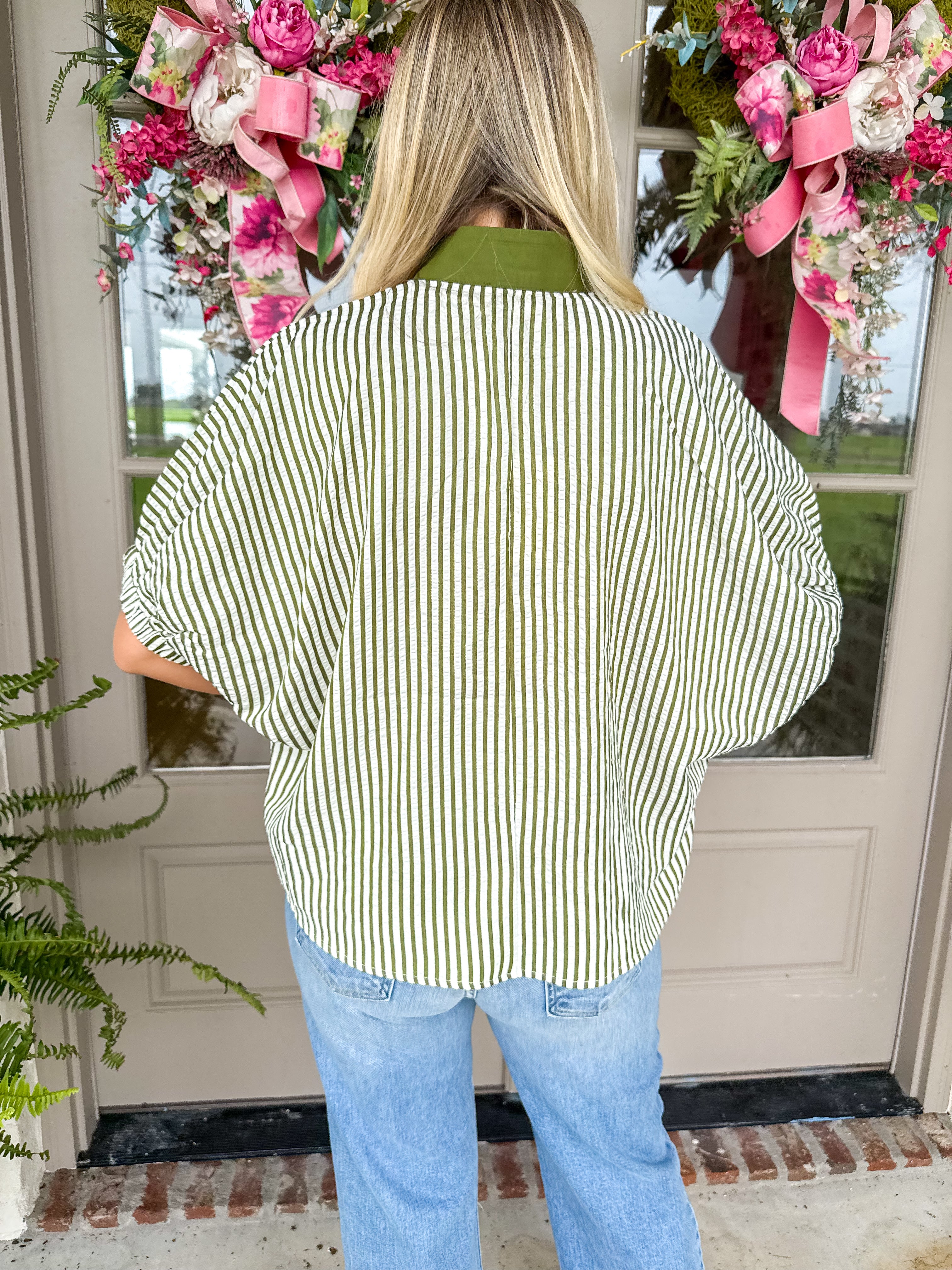 Olive Stripe Popover Top