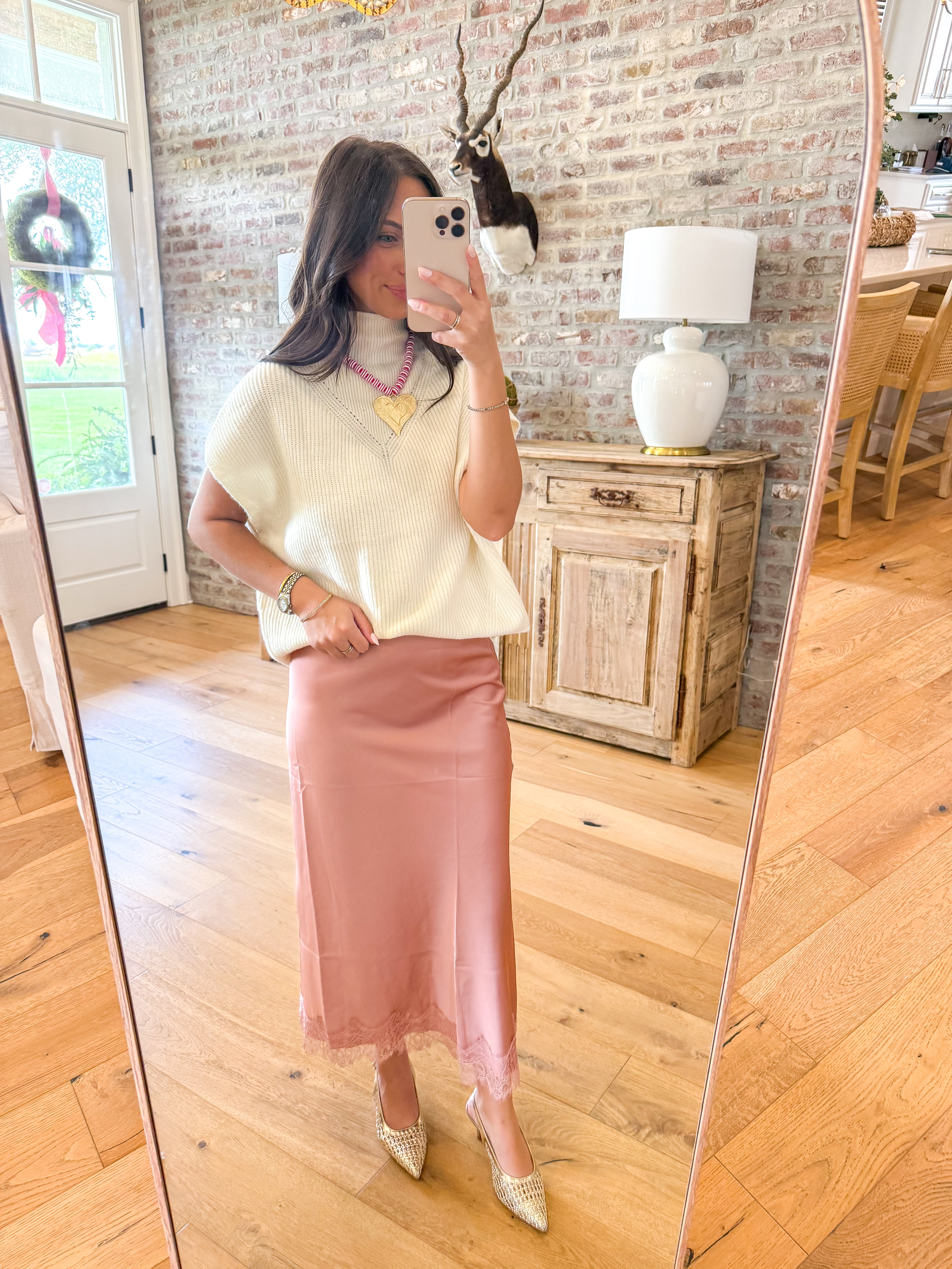 Lace & Satin Midi Skirt Rose