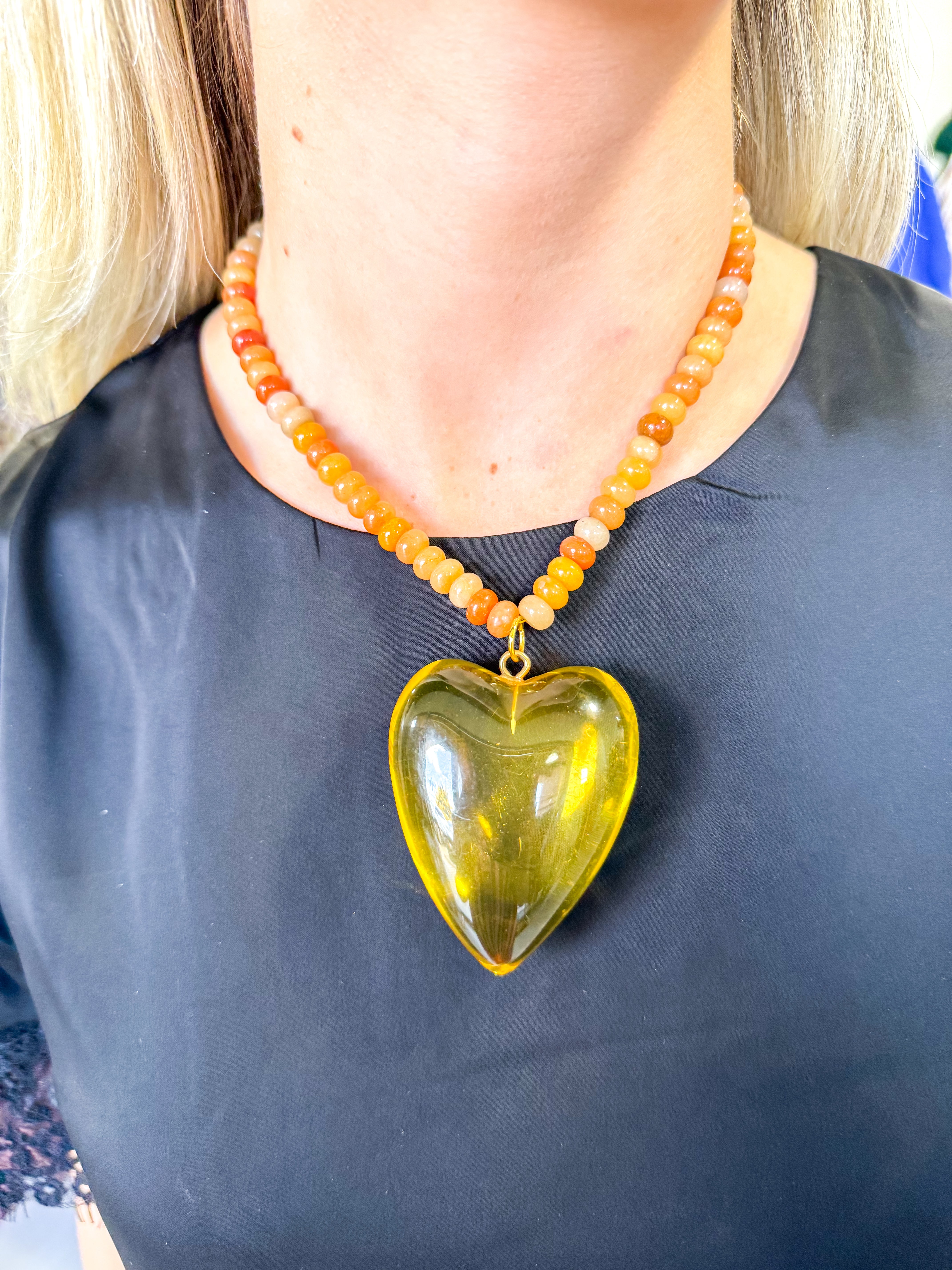 Large Citrine Heart Mutli Beaded Necklace