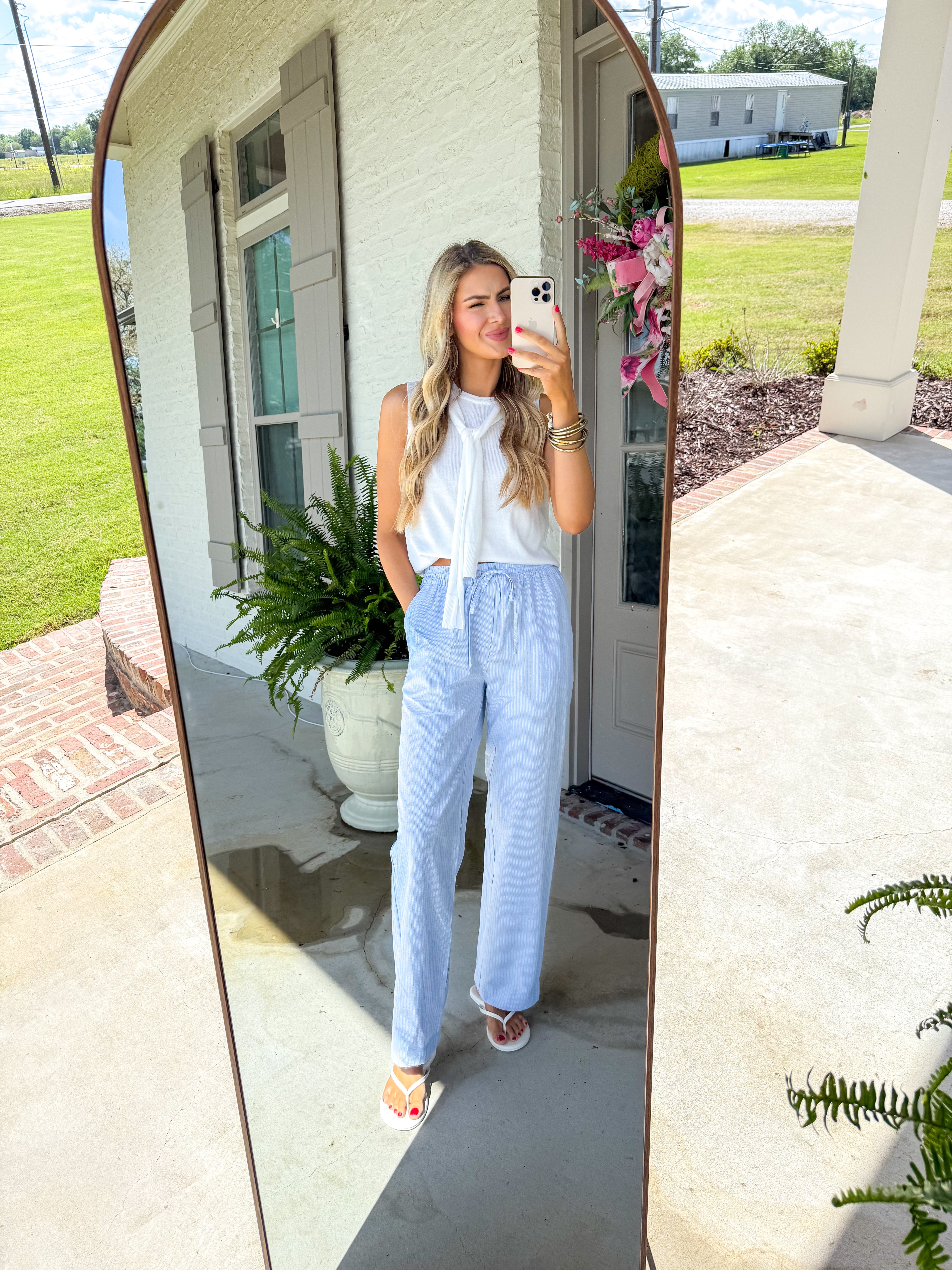Deni Blue Textured Striped Drawstring Pants