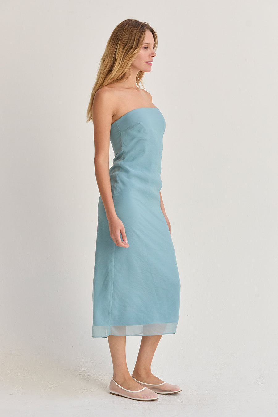 Zeah Blue Organza Tube Midi Dress