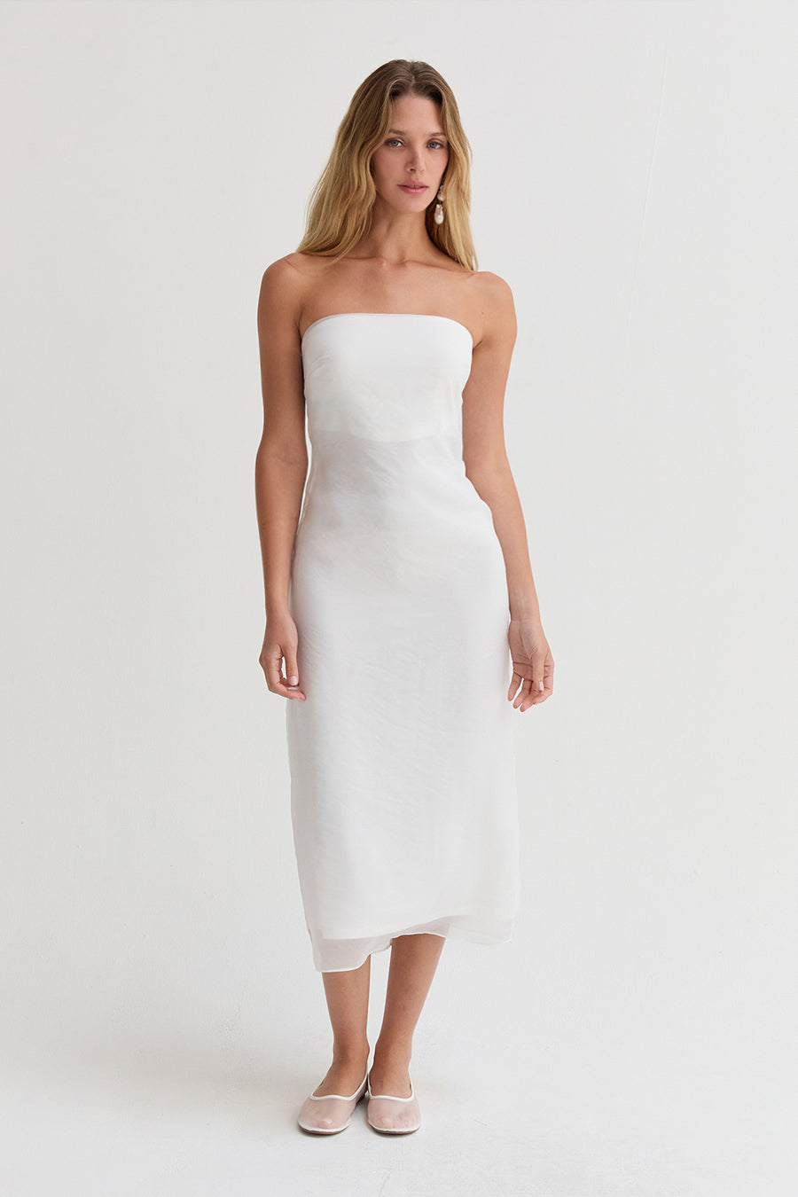 Zeah White Organza Tube Midi Dress