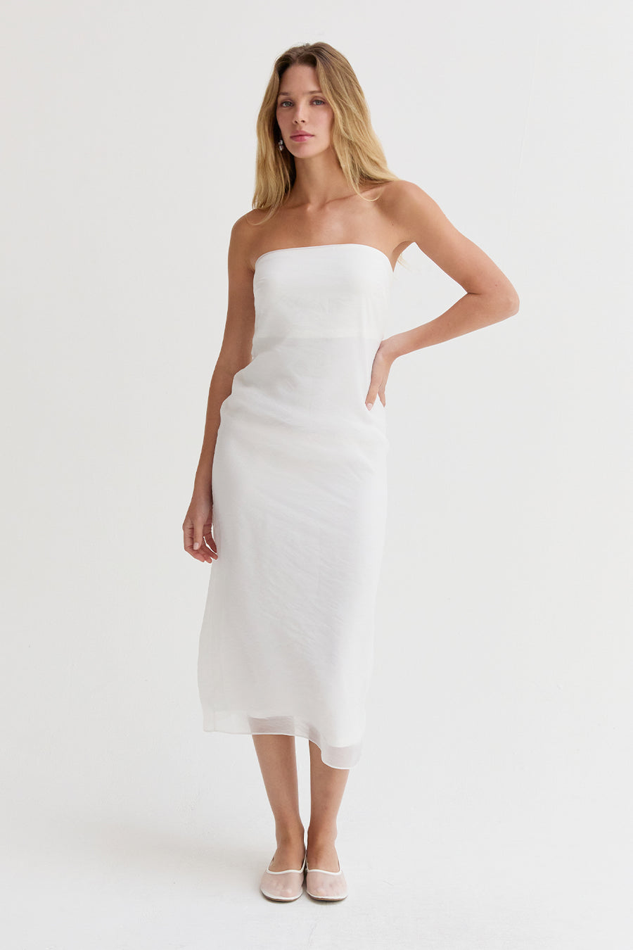 Zeah White Organza Tube Midi Dress