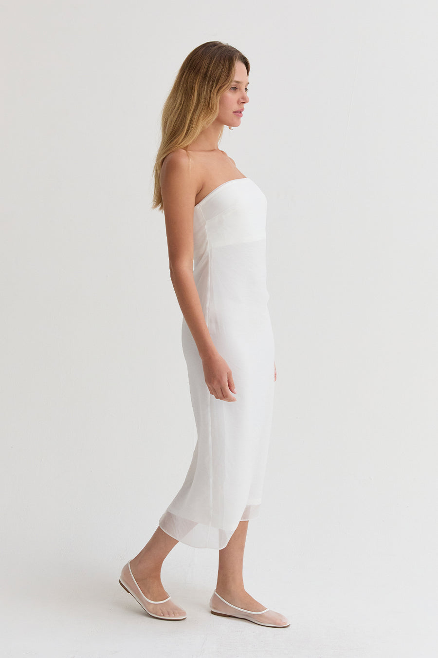 Zeah White Organza Tube Midi Dress