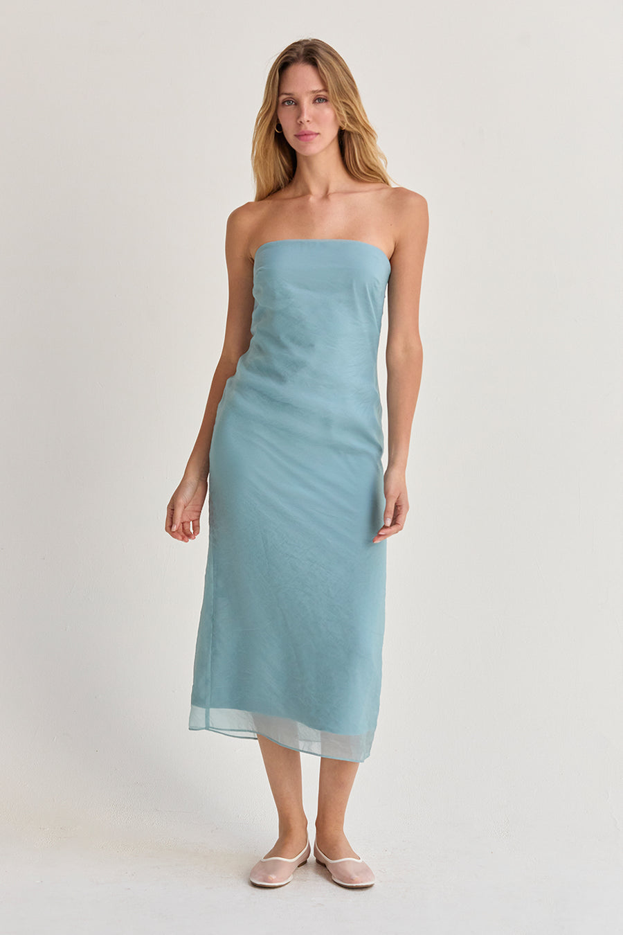 Zeah Blue Organza Tube Midi Dress