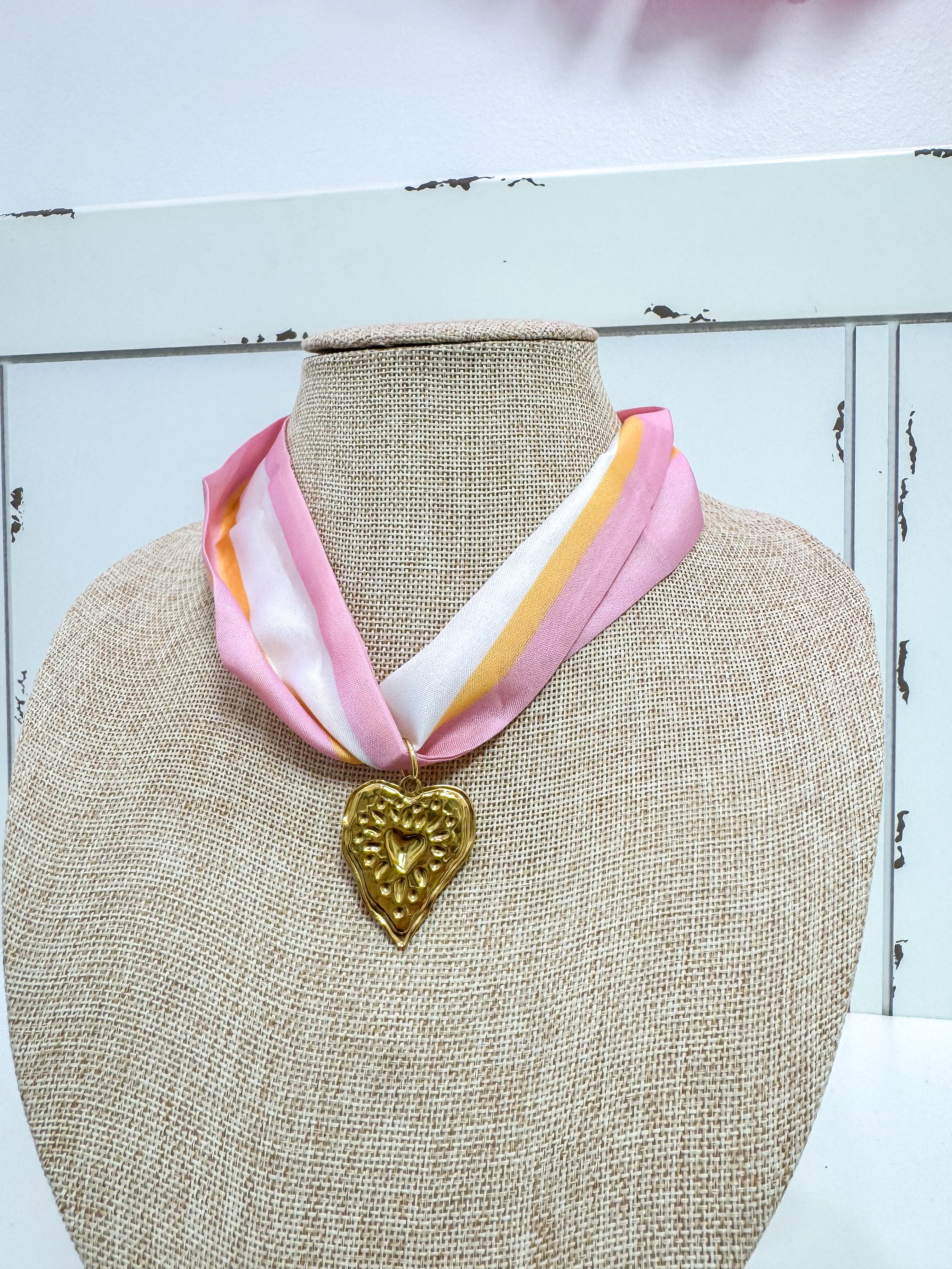 Pink Lemonade Striped Gold Heart Scarf Necklace