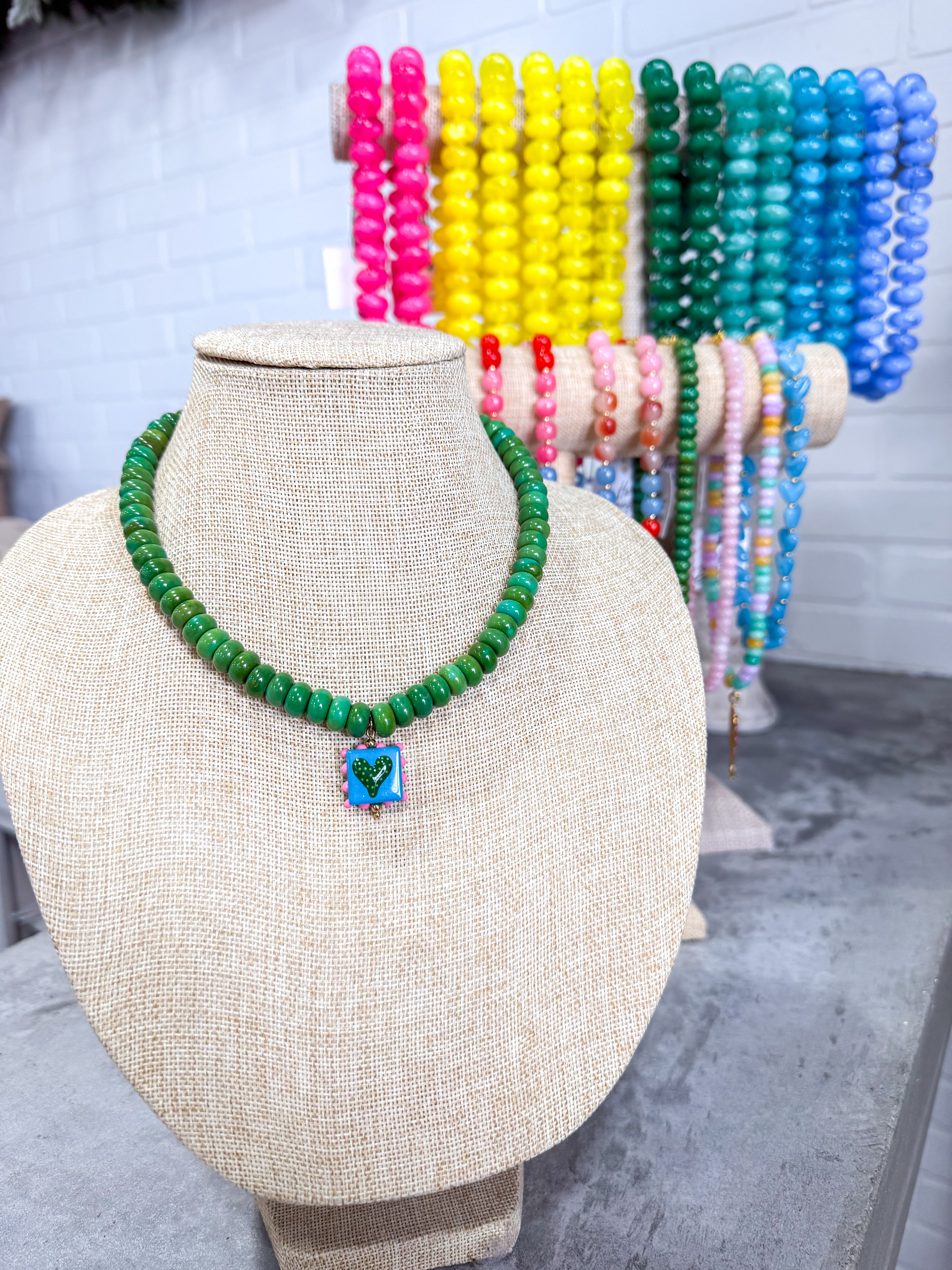 Green Beaded Heart Gem Necklace