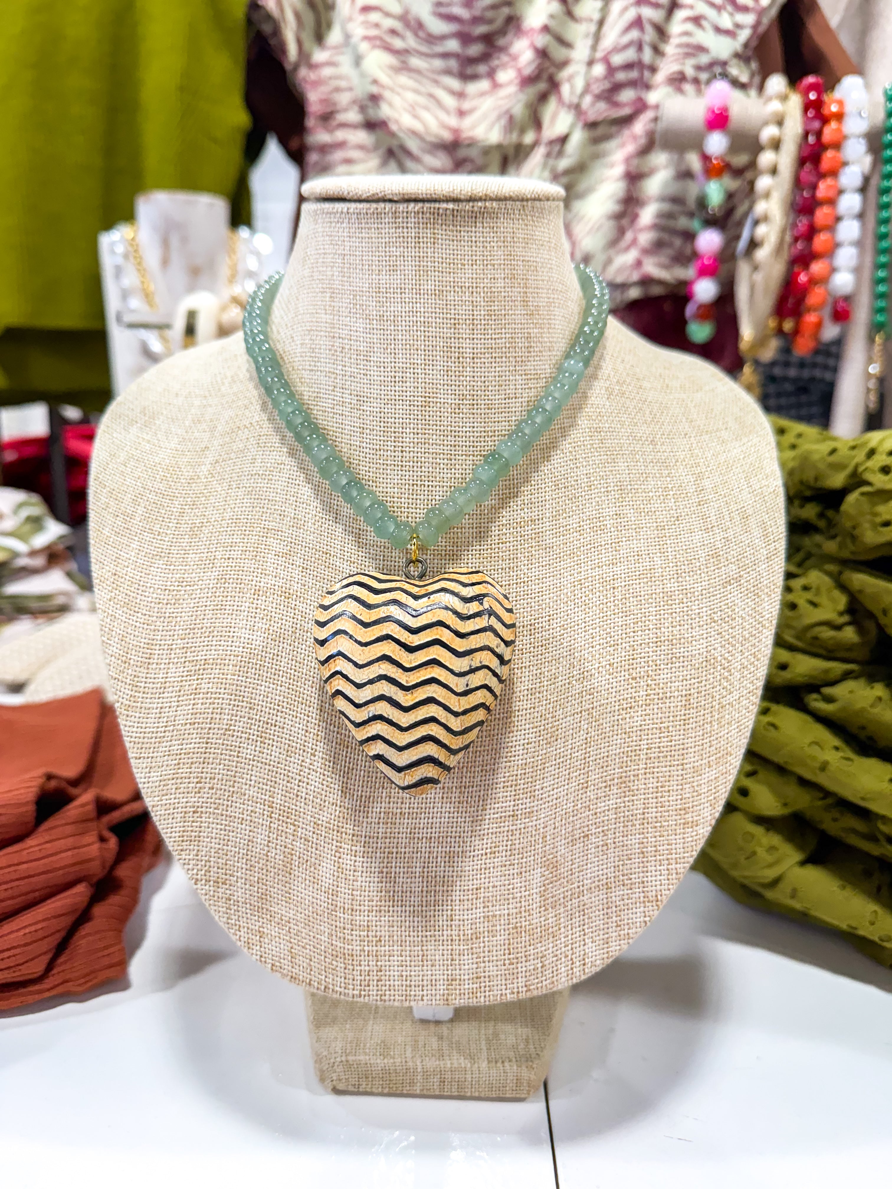 Large Chevron Heart Sage Green Beaded Necklace