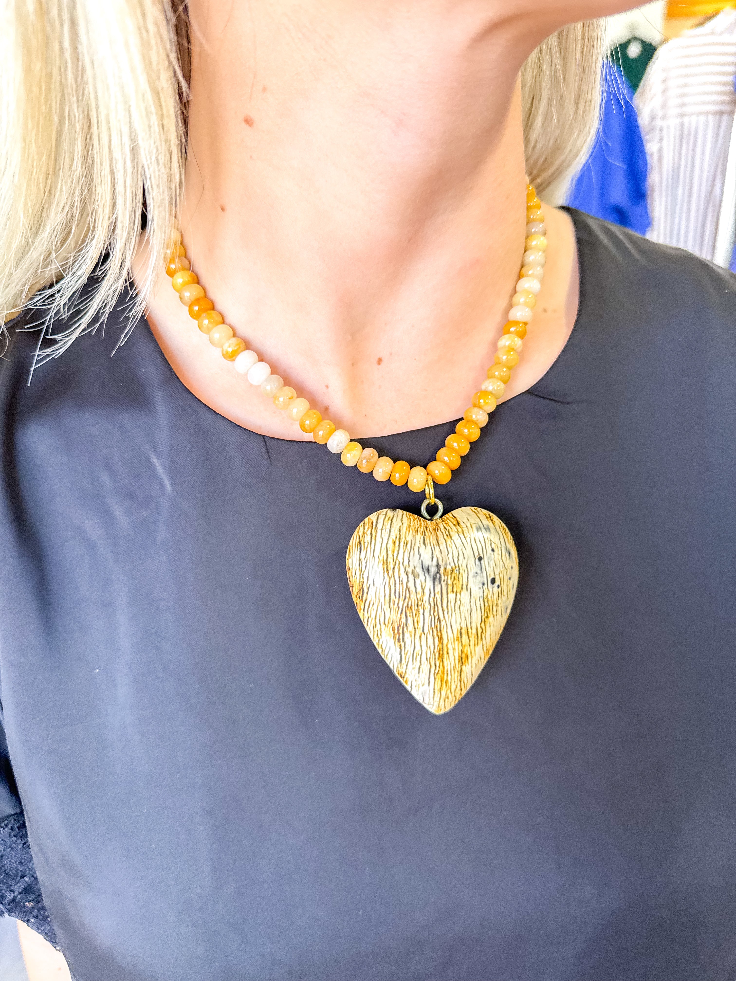 Large Striped Heart Neutral Beaded Necklace