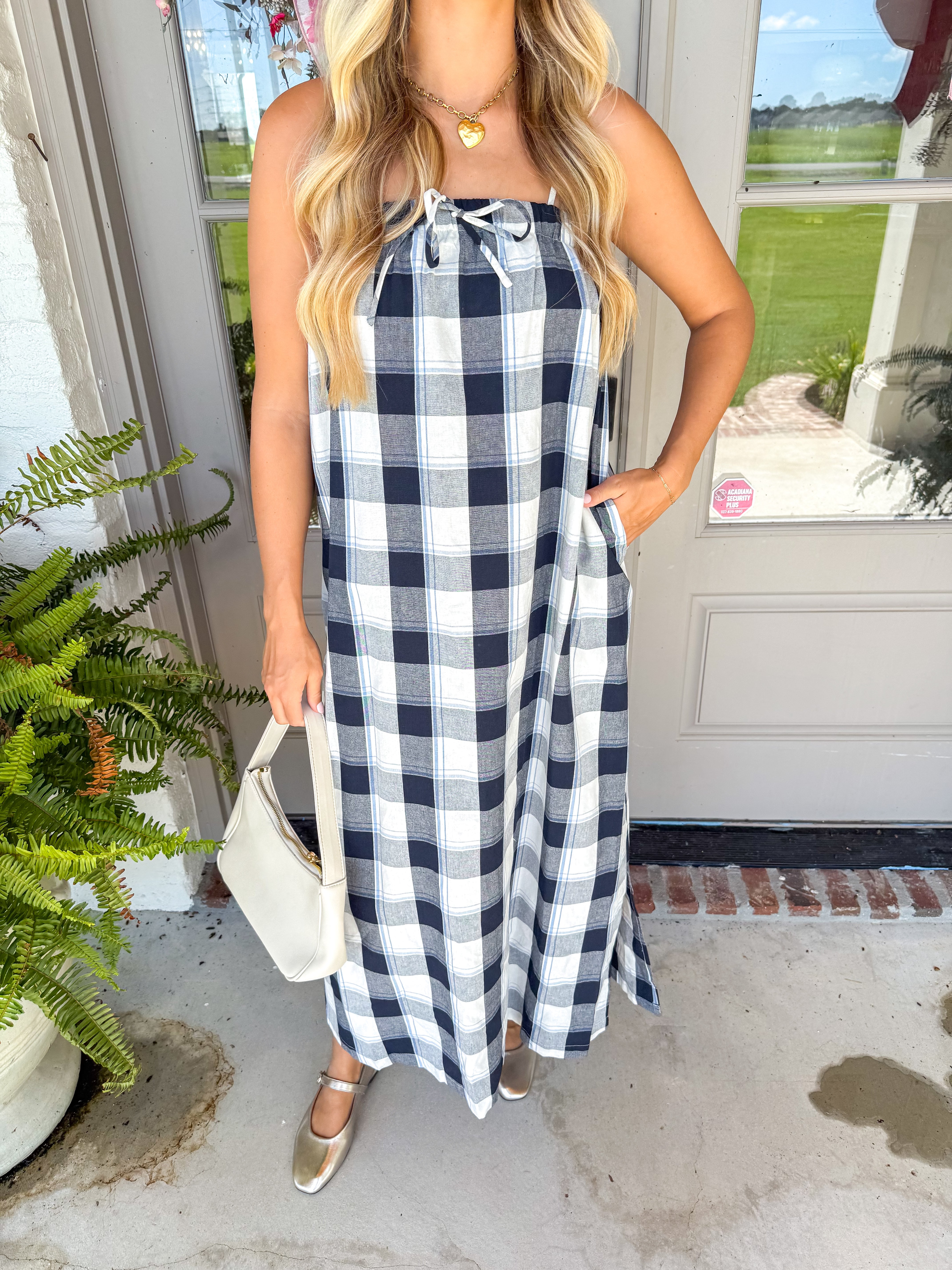 Navy Gingham Tie-Front Maxi Dress